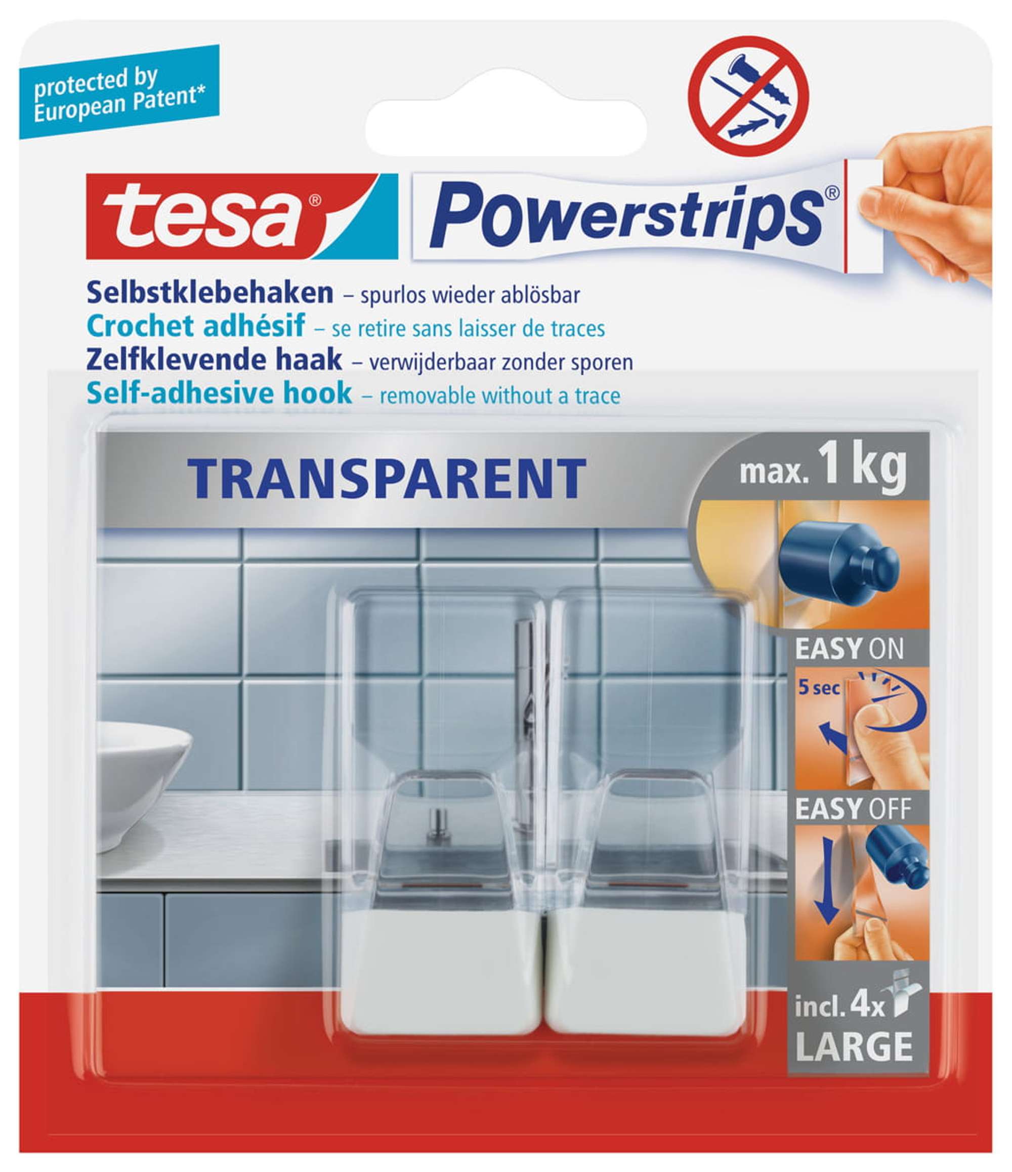 tesa Powerstrips Transparent Haken LARGE weiß 58811, 2 Haken + 4 Powerstrips Large, weiß