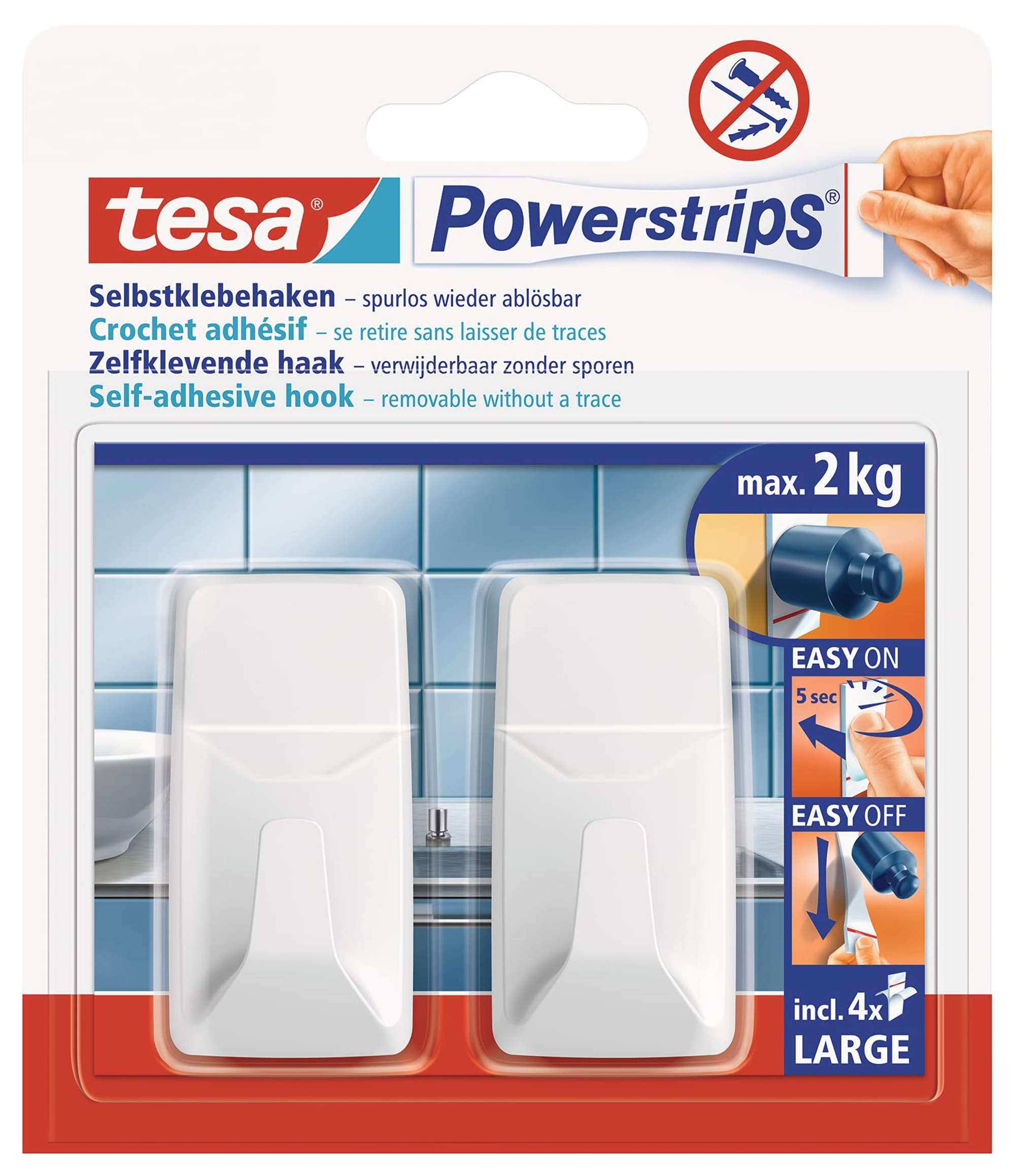 tesa Powerstrips Haken Large, rechteckig weiß, 2 x 2 kg