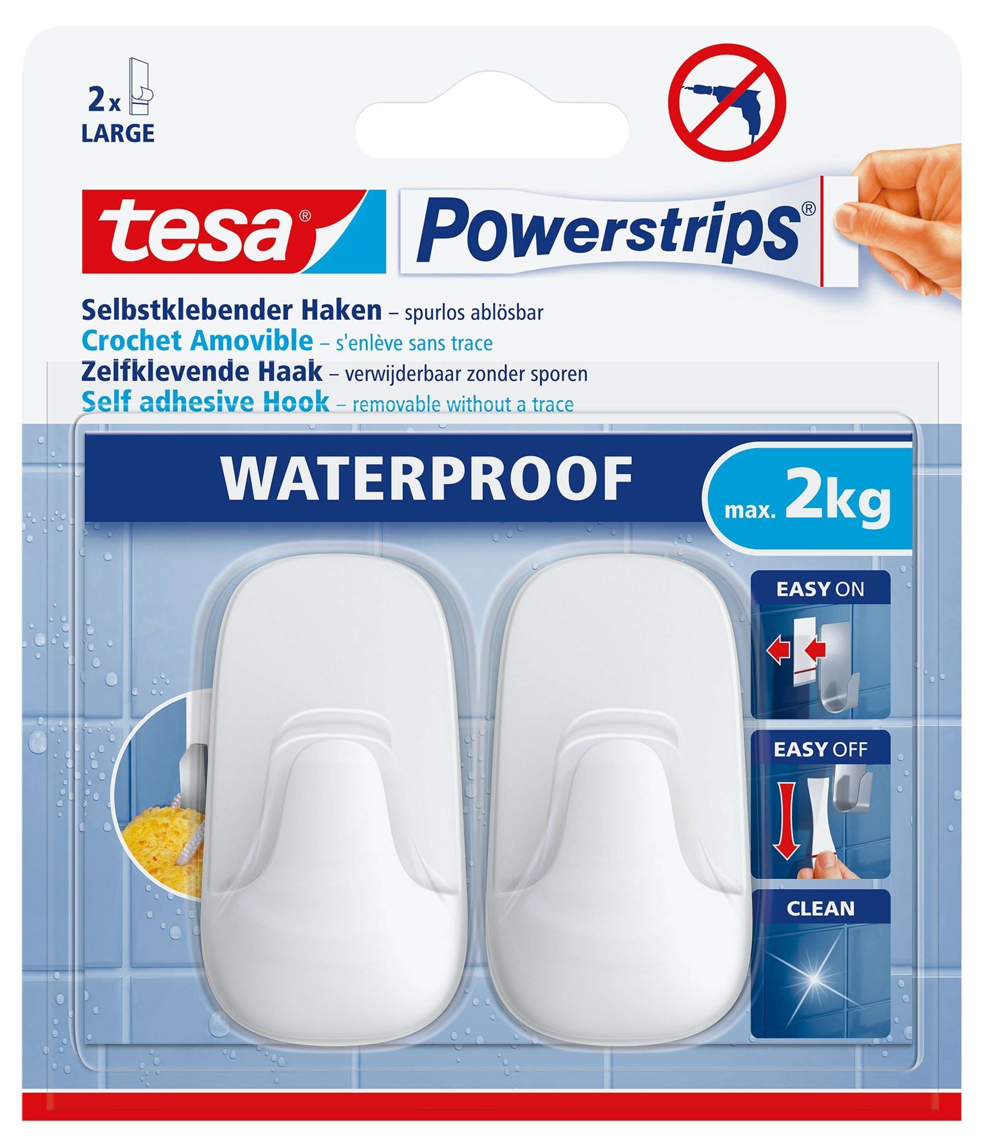 tesa Powerstrips Haken Waterproof L Kunststoff  59781, 2 Haken + 2 Powerstrips Large, weiß