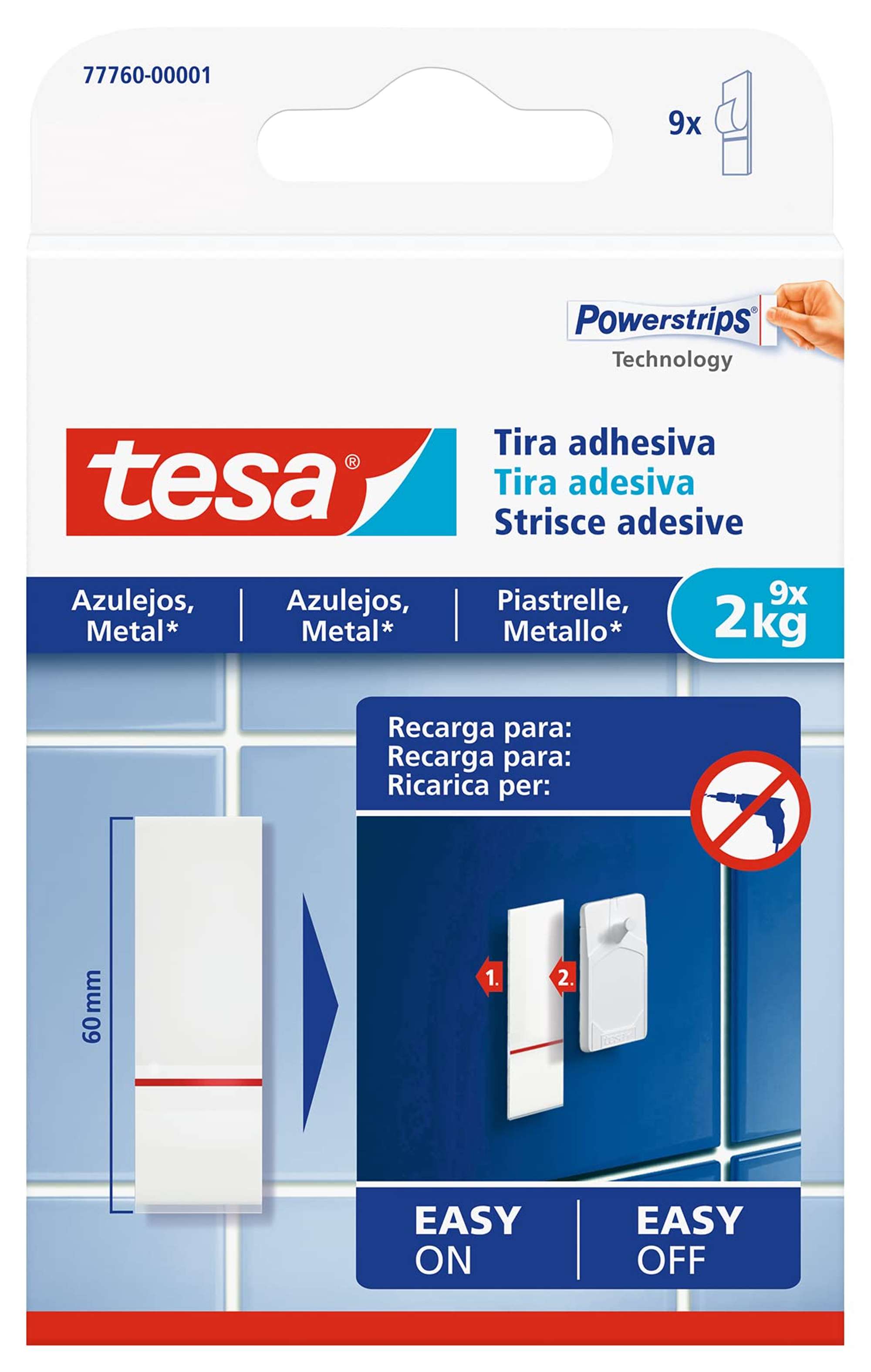 tesa Klebestreifen für Fliesen und Metall 77760, 1 Pack á 9 Stück 2 kg