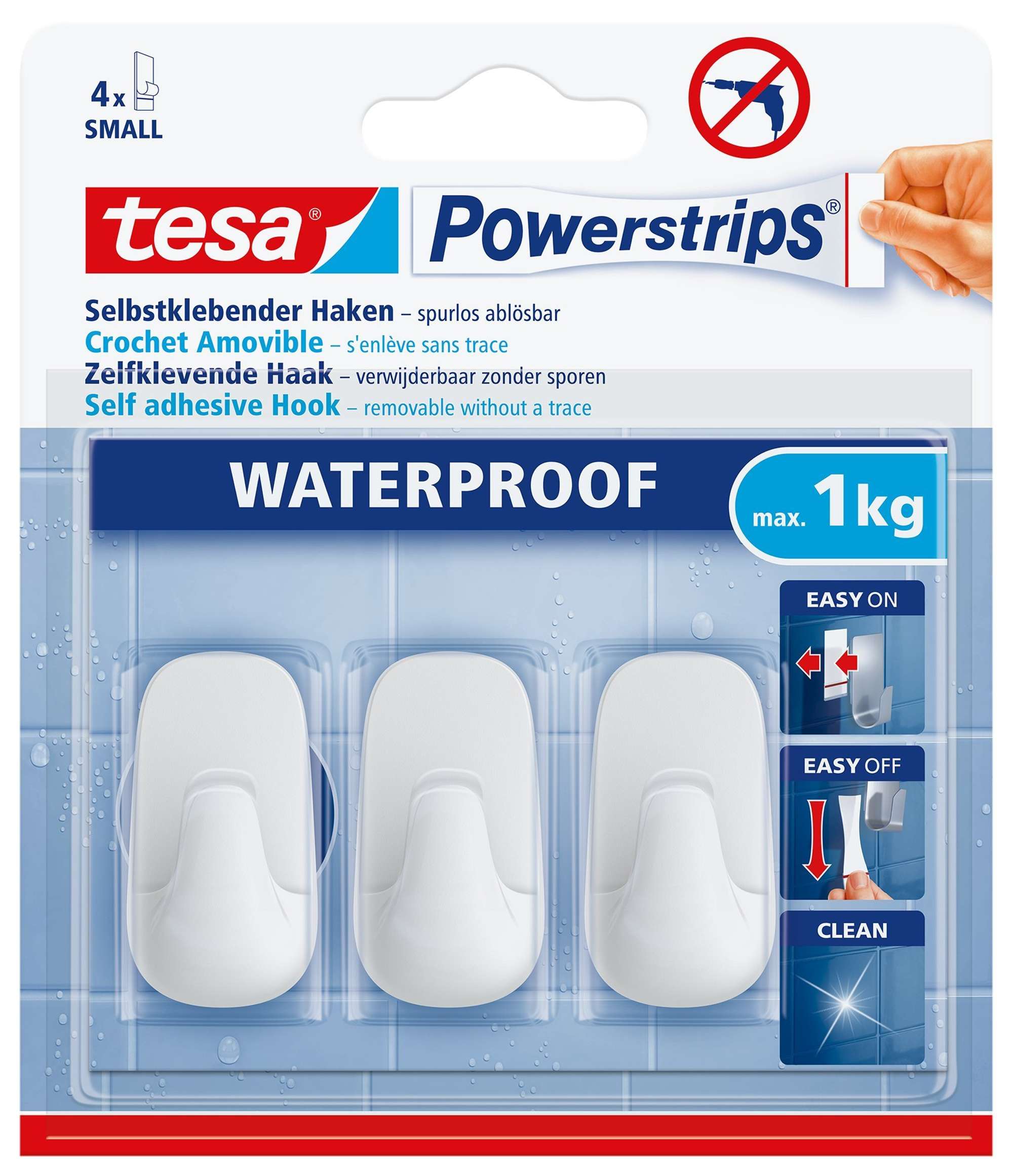 tesa Powerstrips Haken Waterproof S Kunststoff weiß 59782, 3 Haken + 4 Powerstrips Small