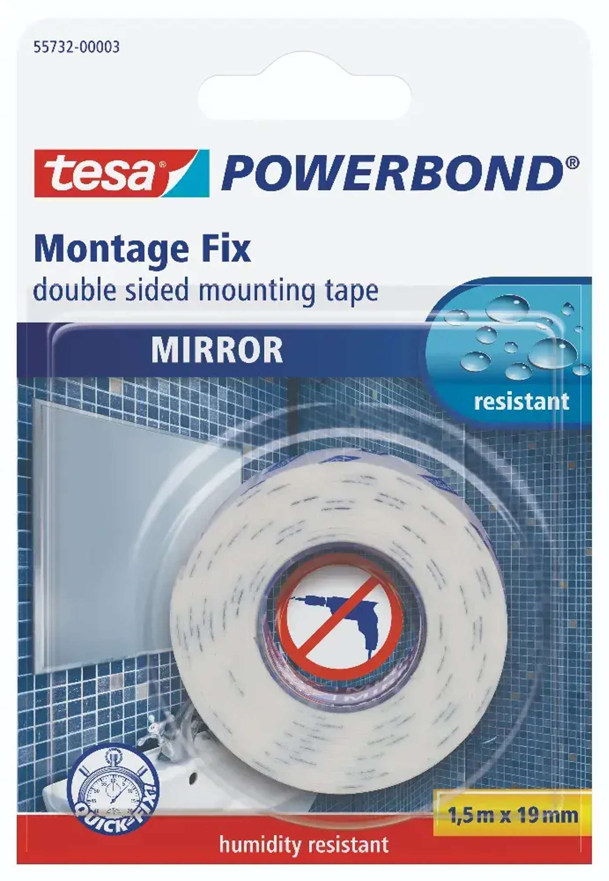 tesa Powerbond SPIEGEL- Montageklebeband, 1,5 m x 19 mm