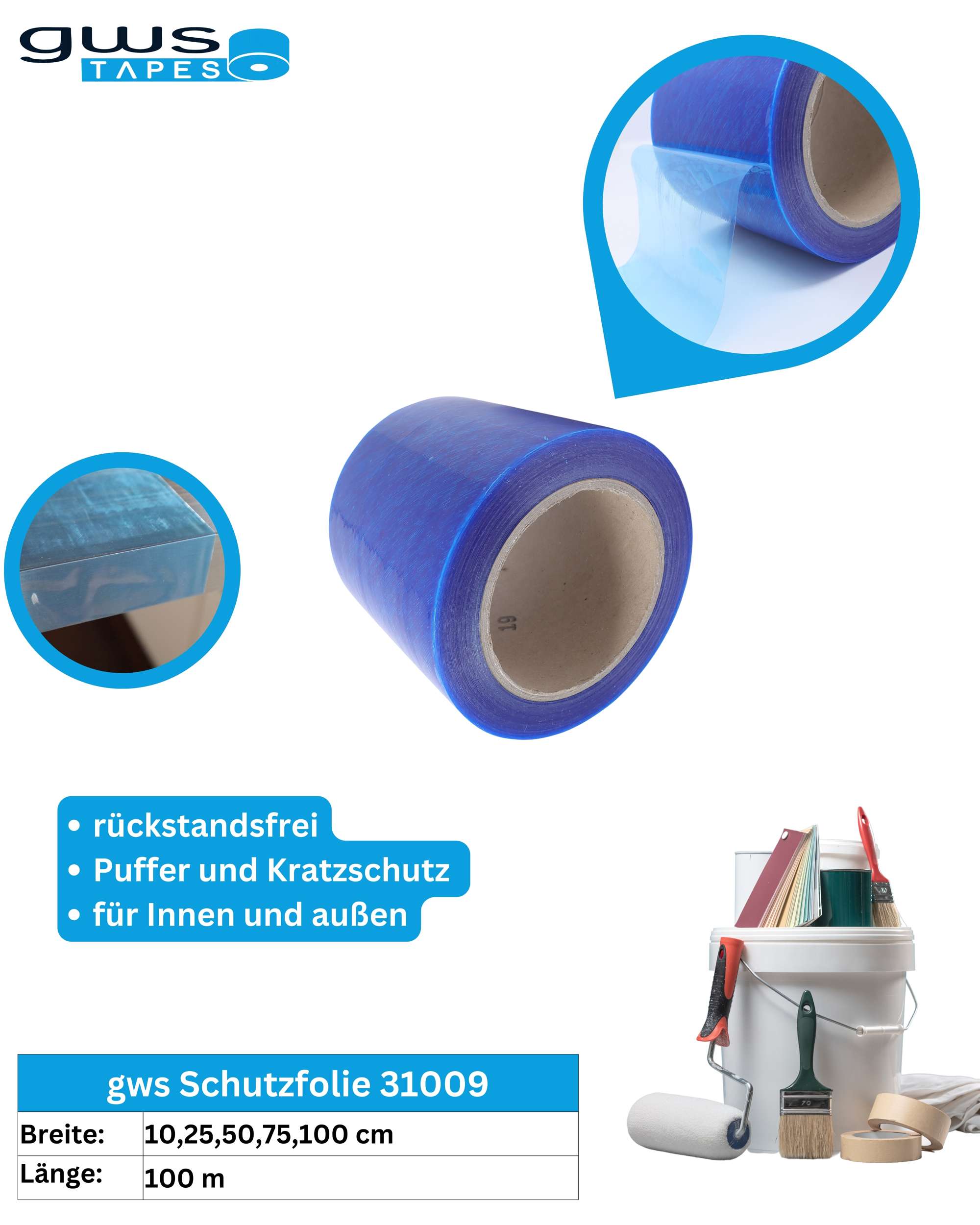 31009-000 PE Schutzfolie Oberflächenschutzfolie rutschfest, 100 m x 100 mm, blau