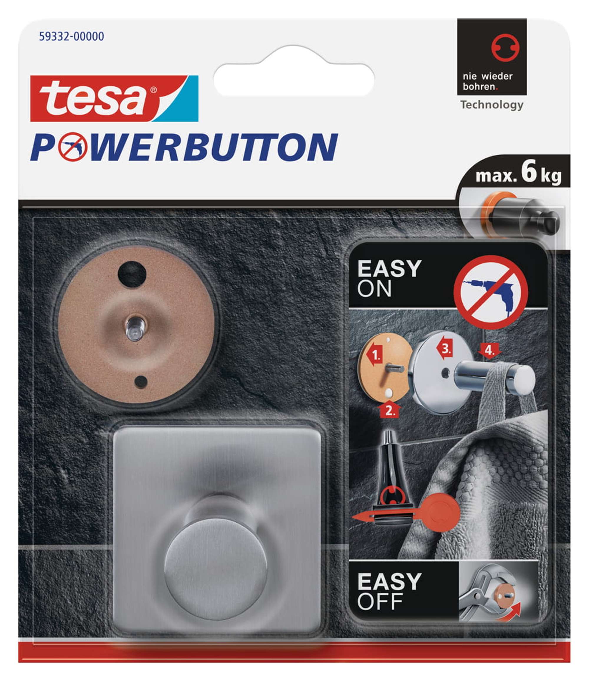 59332-000 tesa Powerbutton Haken Classic, Eckig, 1 x 6 kg