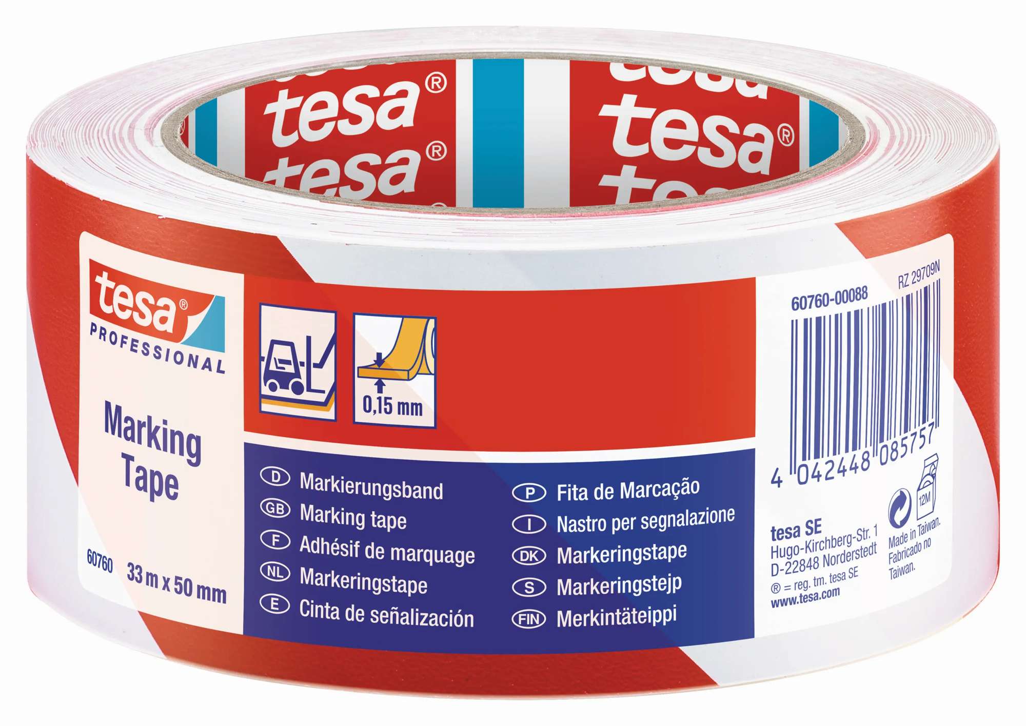 tesa 60760 Bodenmarkierung, 33 m x 50 mm, rot/weiss