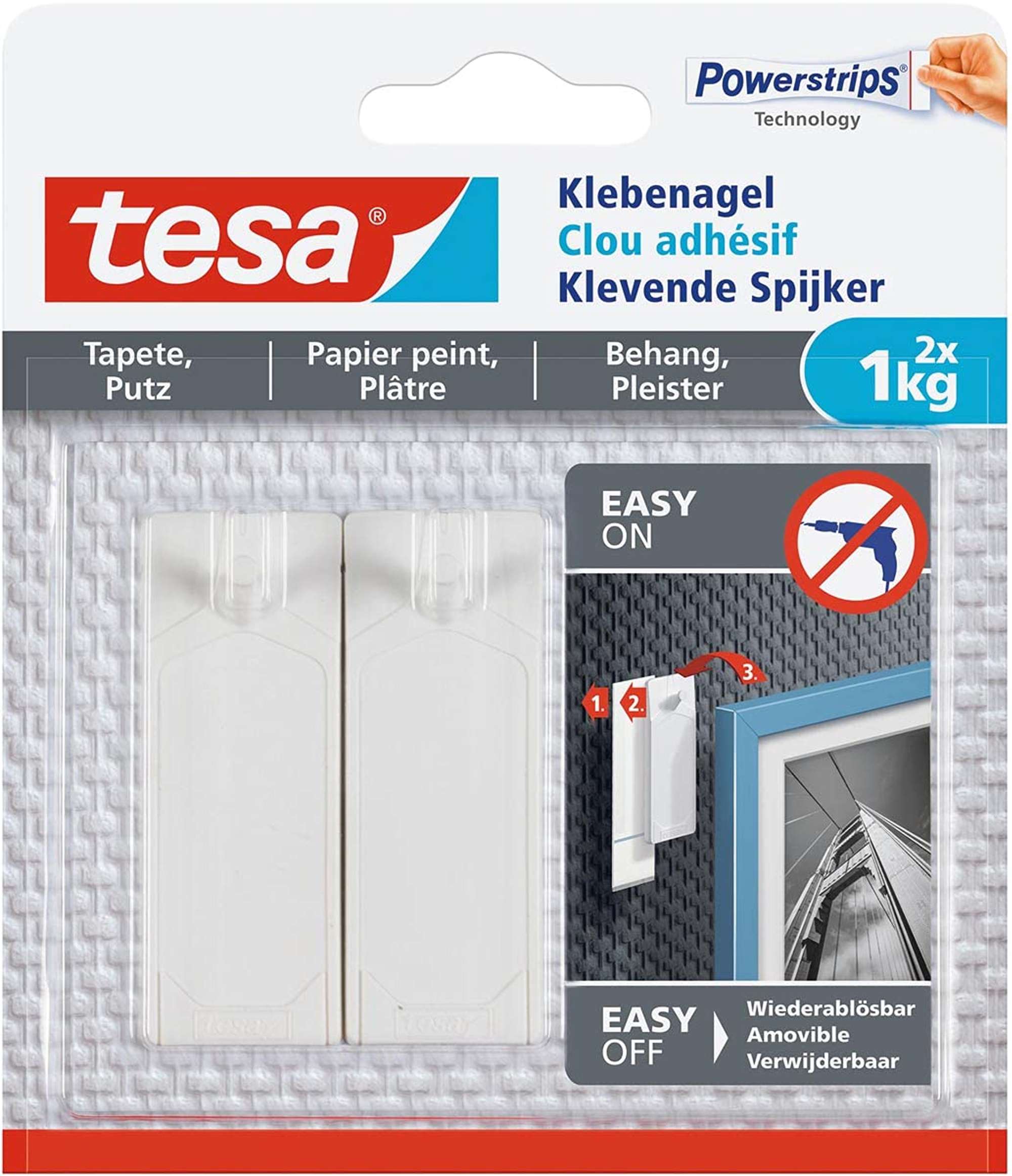 77773-000 tesa Klebenagel Tapeten und Putz, 2 Haken 1 kg
