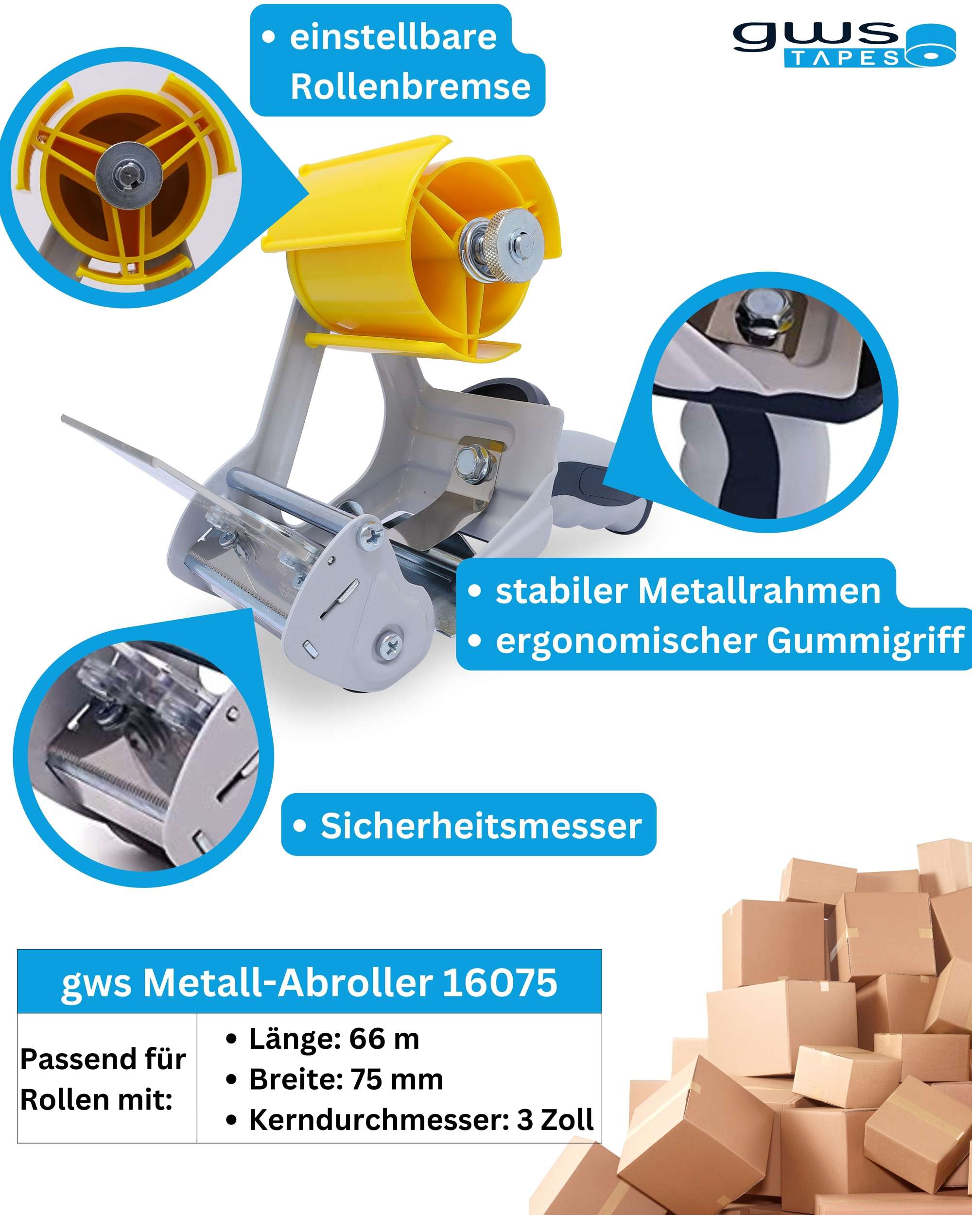 16075-000 gws 405061 Packband Handabroller mit Sicherheitsmesser, bis 75 mm