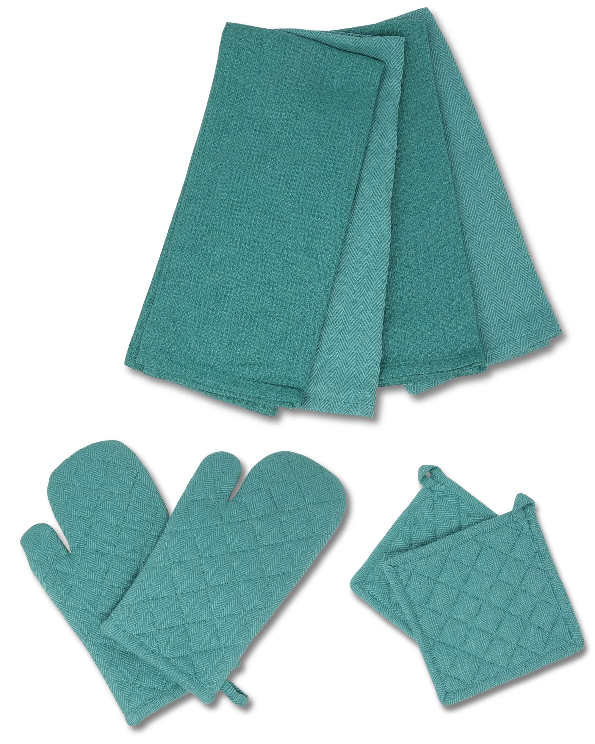 gws 7-teiliges Kuechen-Set, Petrol– 1 Paar Ofenhandschuhe, 1 Paar Topflappen und 4 Geschirrtuecher, 100% Baumwolle, hitzebestaendig und waschbar