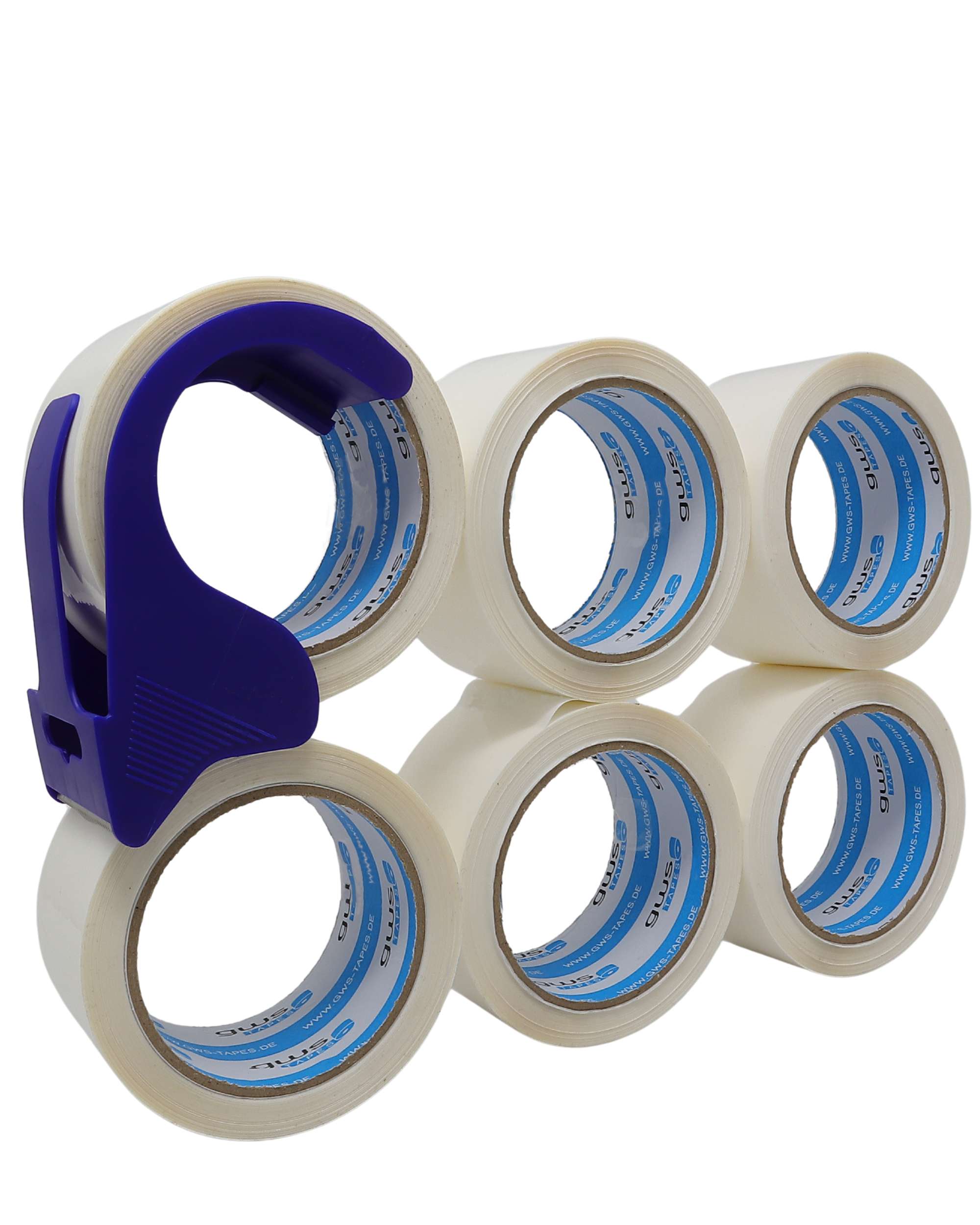 gws Verpackungsklebeband-Set, 66 m x 50 mm, Mini-Abroller + 6 Rollen weiss