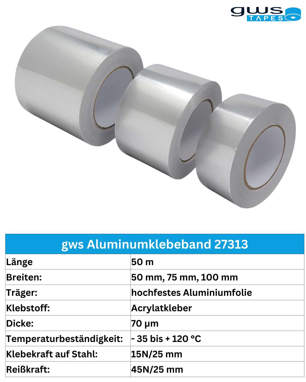 27313-002 gws 27313 Tapes Aluminium Klebeband, 50 m x 100 mm, alu