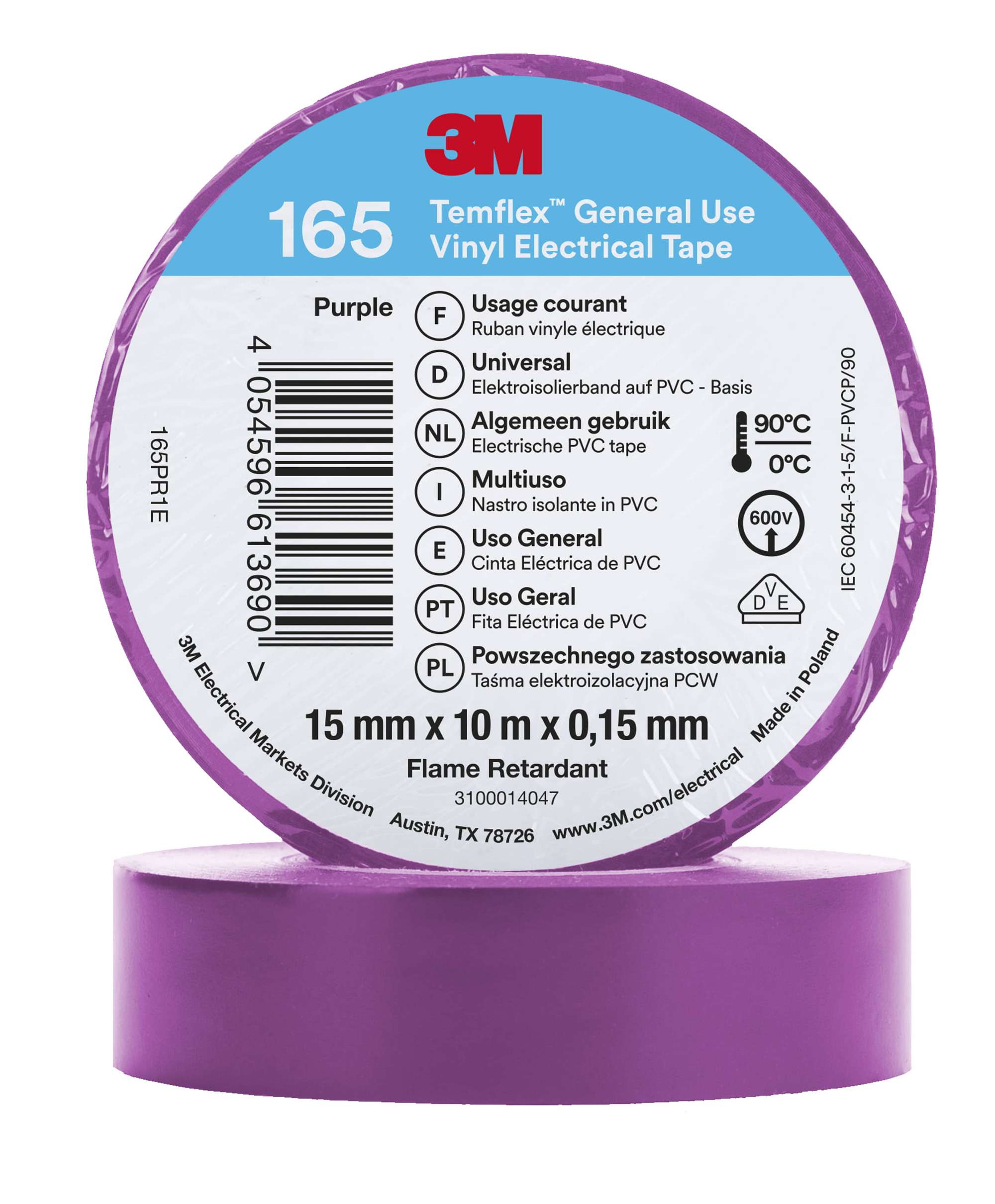 3M Temflex 165 Vinyl Elektro-Isolierband, 10 m x 15 mm, violett
