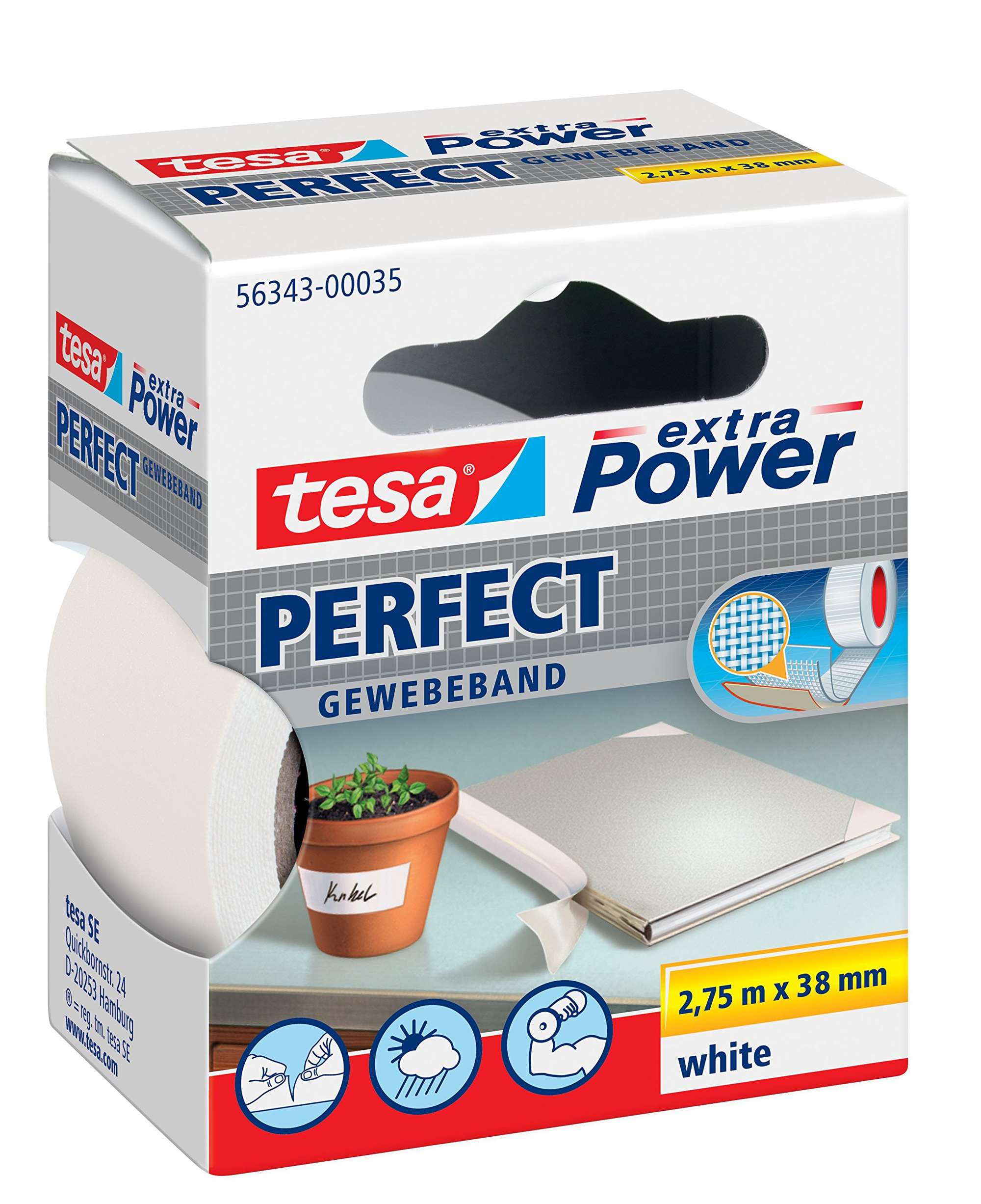 tesa extra Power Perfect Gewebeband, 2,75 m x 38 mm, weiss