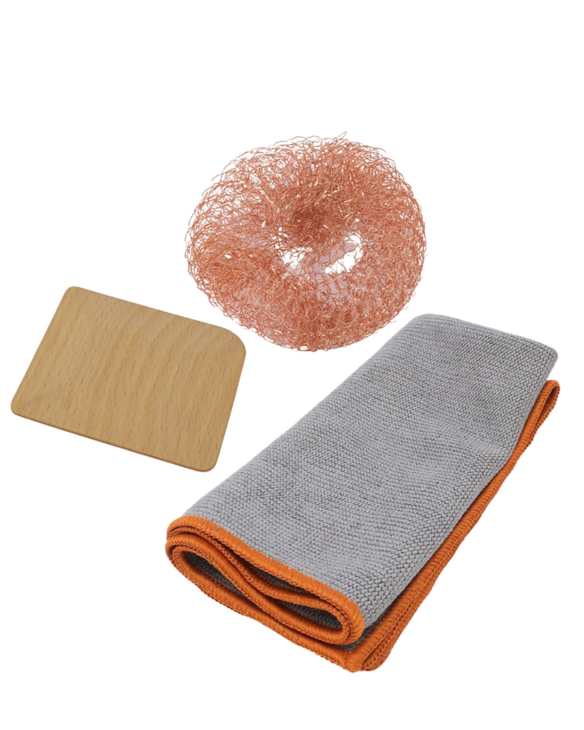 Grill-Reinigungszubehoer fuer Gusspfanne, Plancha, Dutch-Oven Set Topfkratzer, Mikrofasertuch, Kupferschwamm