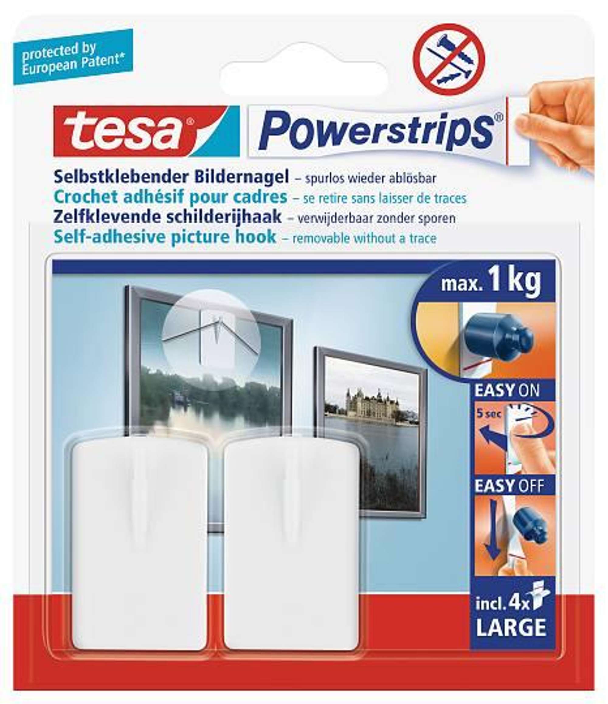 tesa Powerstrips 58031 Bilder-Nagel, 2 Haken weiss