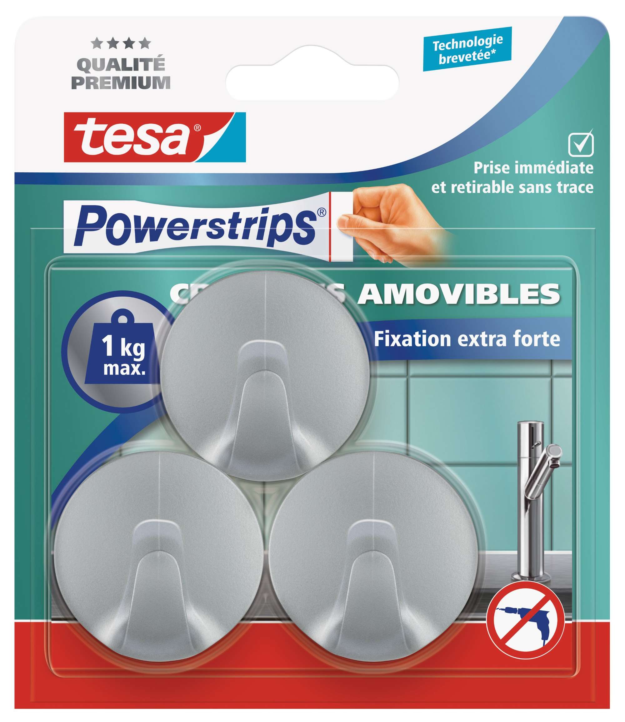 57578-000 tesa Powerstrips Haken Small Rund 57578, 3 Haken + 4 Powerstrips Small, chrom