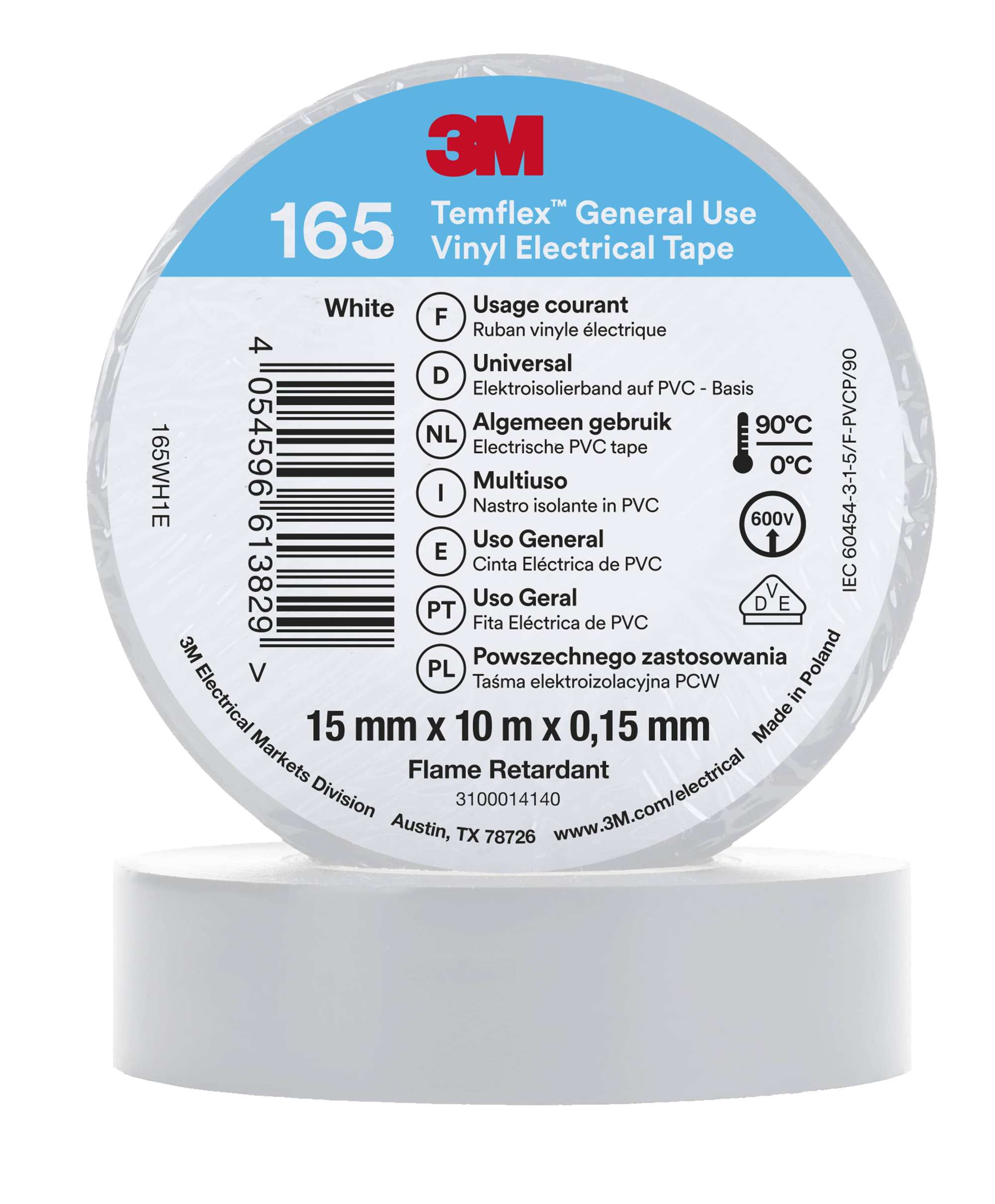 3M Temflex 165 Vinyl Elektro-Isolierband, 10 m x 15 mm, weiss