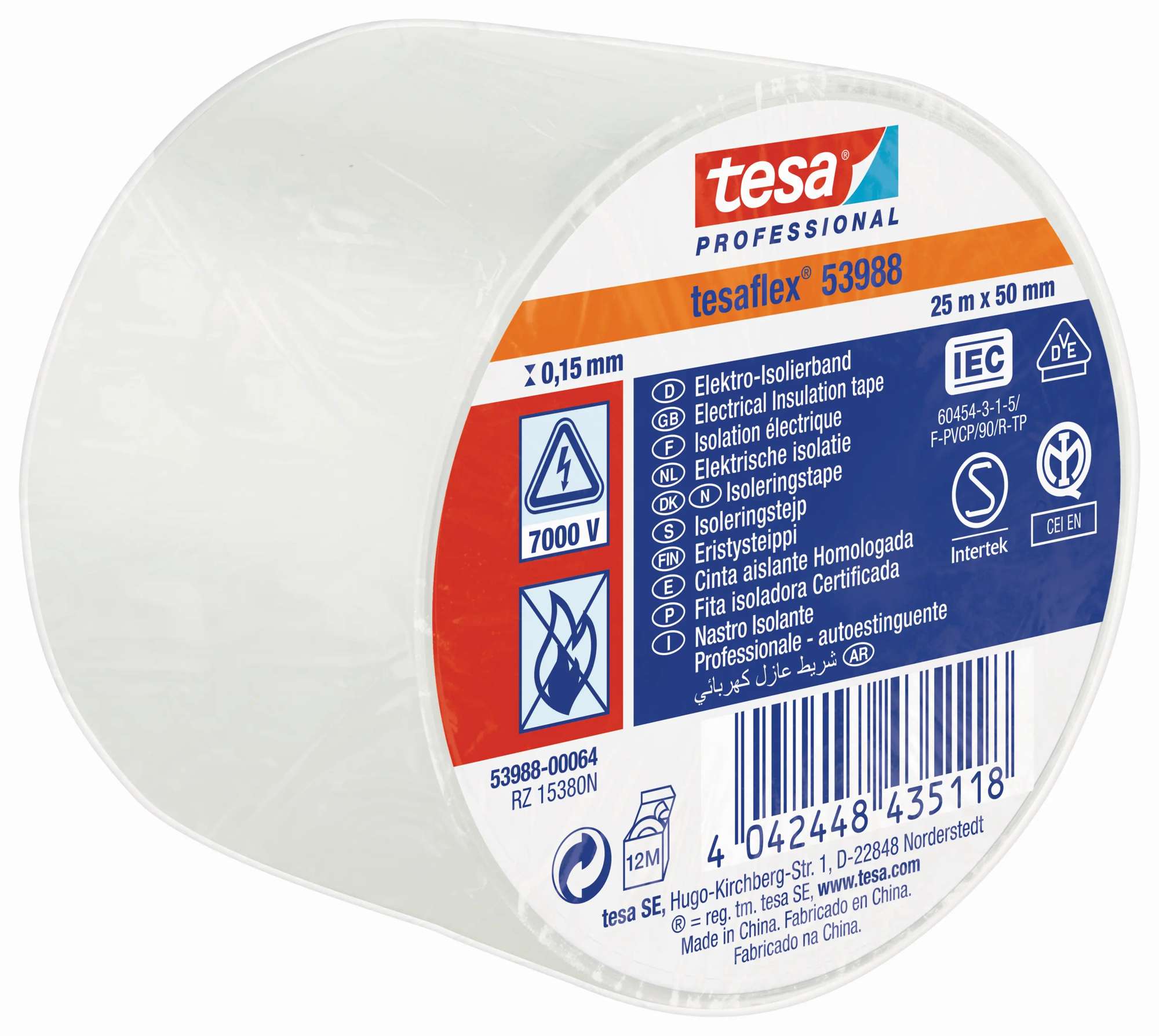 tesa 53988 Professional Isolierband 7000V, 25 m x 50 mm, weiss