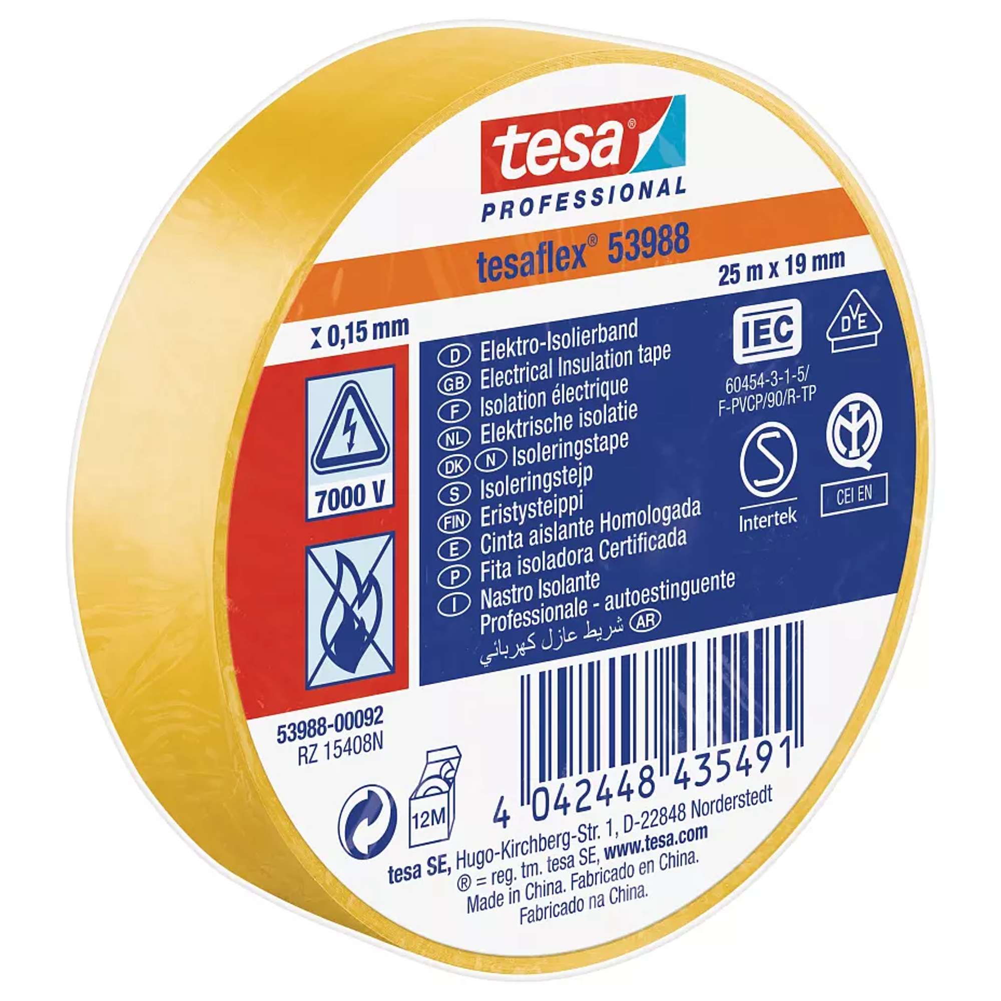 tesa 53988 Professional Isolierband 7000V, 25 m x 19 mm, gelb