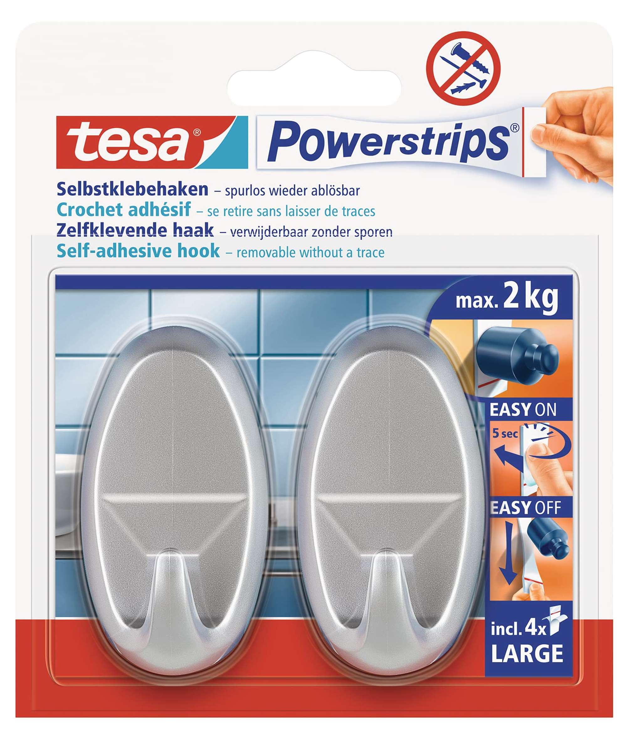 tesa Powerstrips Haken Large 58063, 2 x 2 kg, Oval, matt- chrom