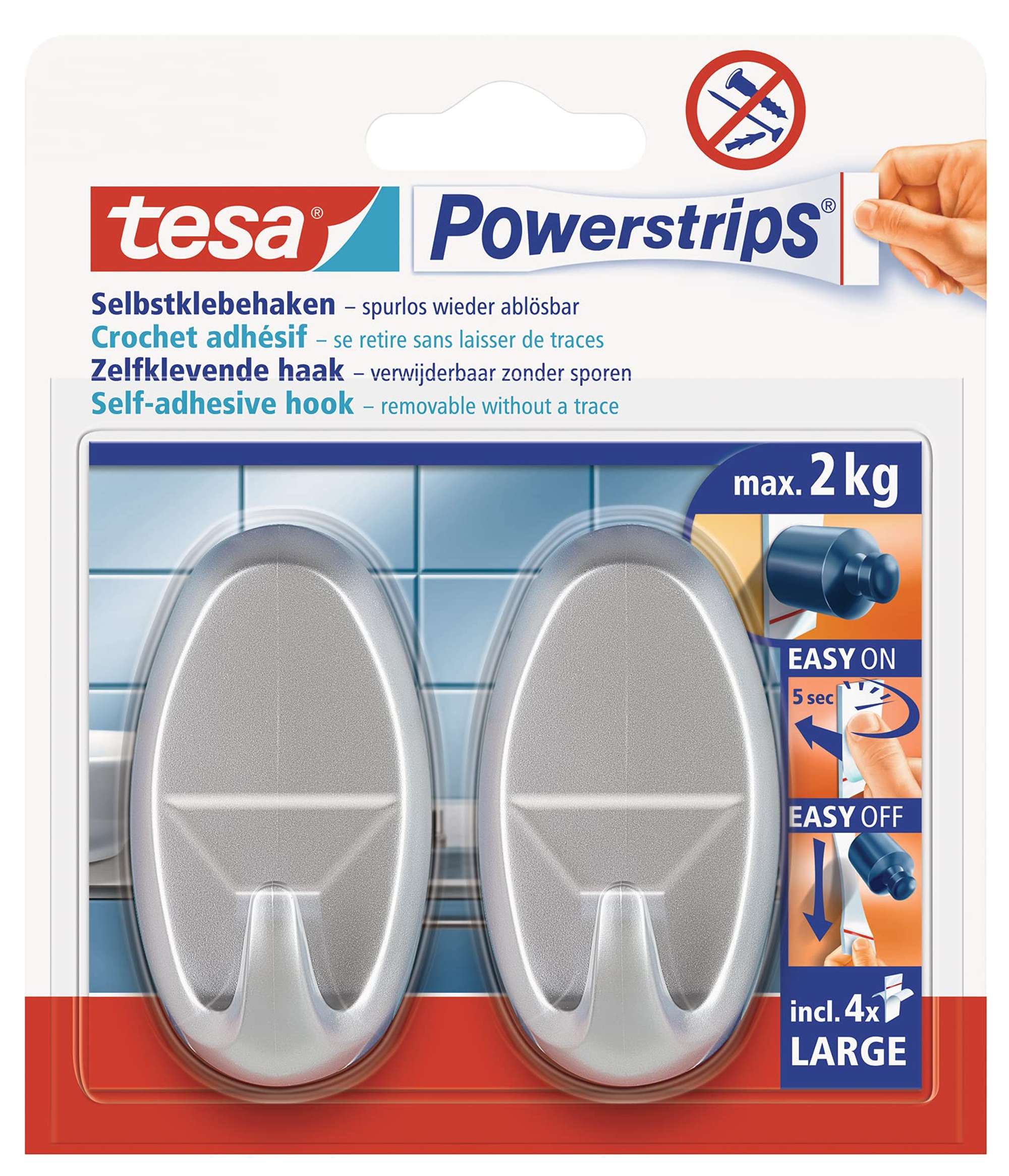 58063-000 tesa Powerstrips Haken Large 58063, 2 x 2 kg, Oval, matt- chrom