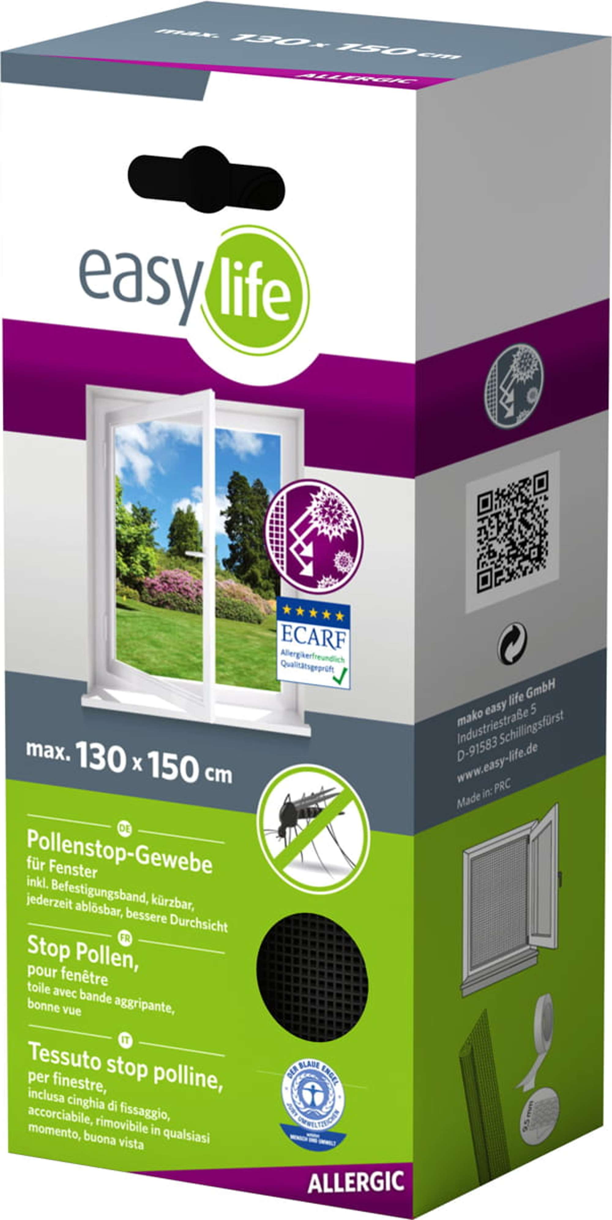 1611-000 IS-Pollenschutz-Gewebe Fenster 130 x 150 cm anthrazit ALLERGICpro mit Klettband
