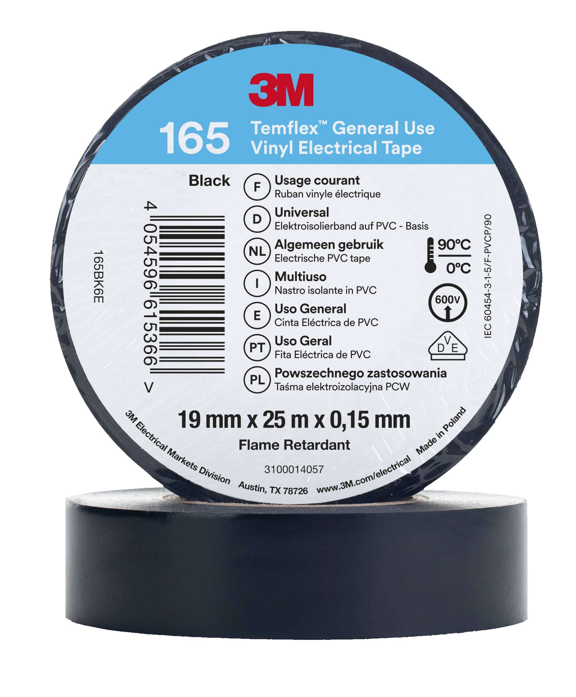 3M Temflex 165 Vinyl Elektro-Isolierband, 25 m x 19 mm, schwarz