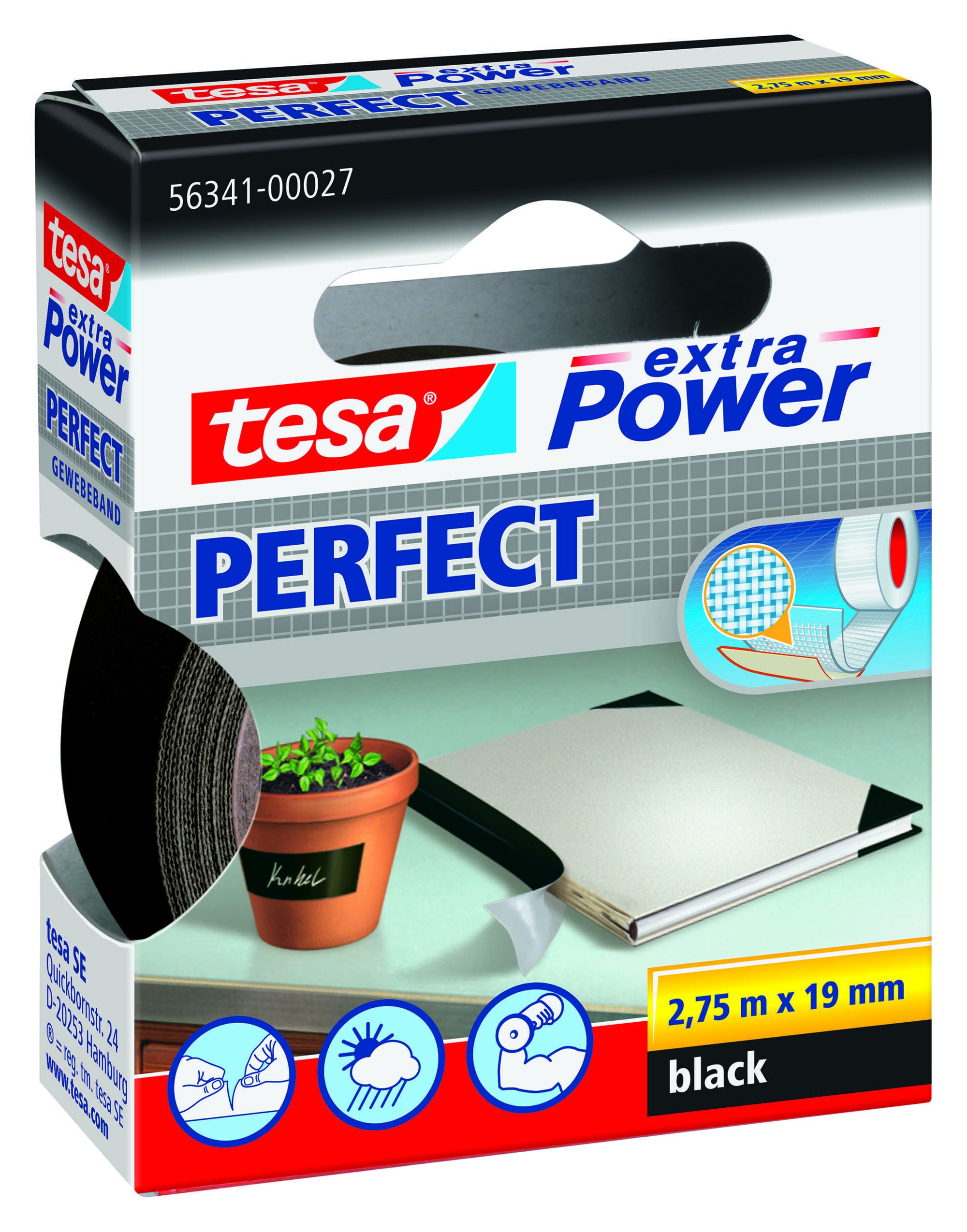 56341-005 tesa extra Power Perfect Gewebeband, 2,75 m x 19 mm, schwarz