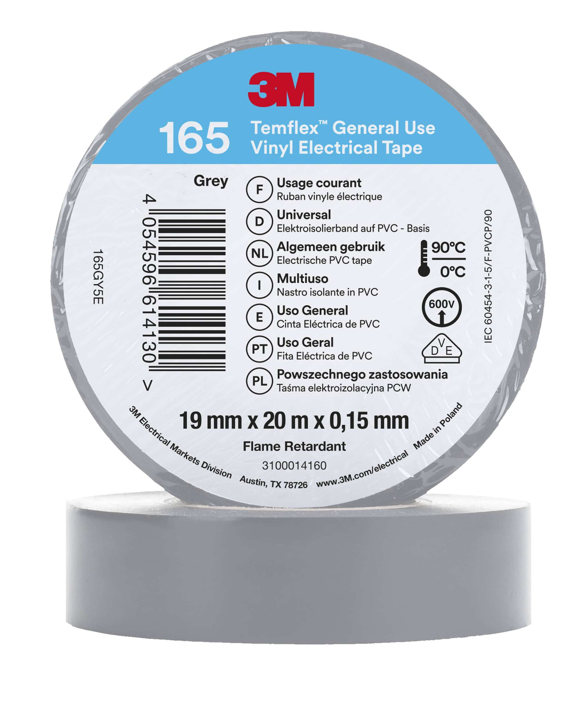 3M Temflex 165 Vinyl Elektro-Isolierband, 20 m x 19 mm, grau
