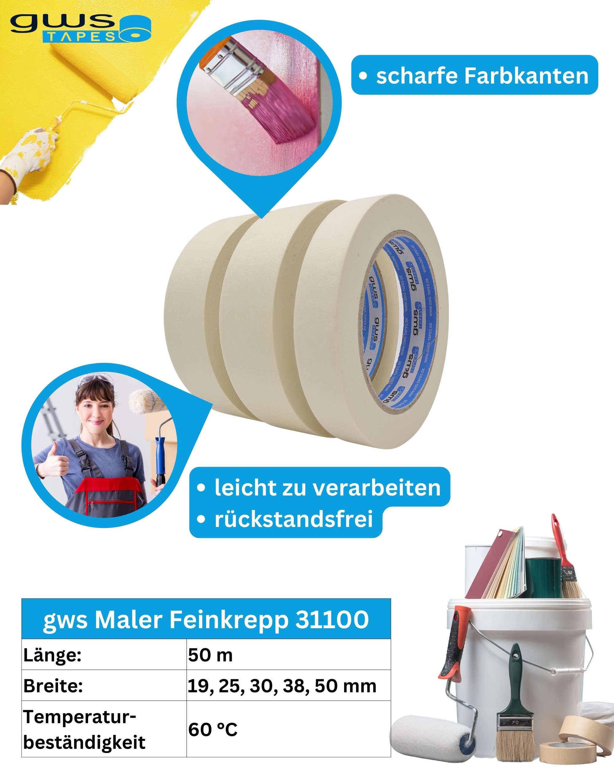 31100-203 gws Maler-Kreppband, Für feine und saubere Farbkanten, 50 m x 38 mm, naturweiß