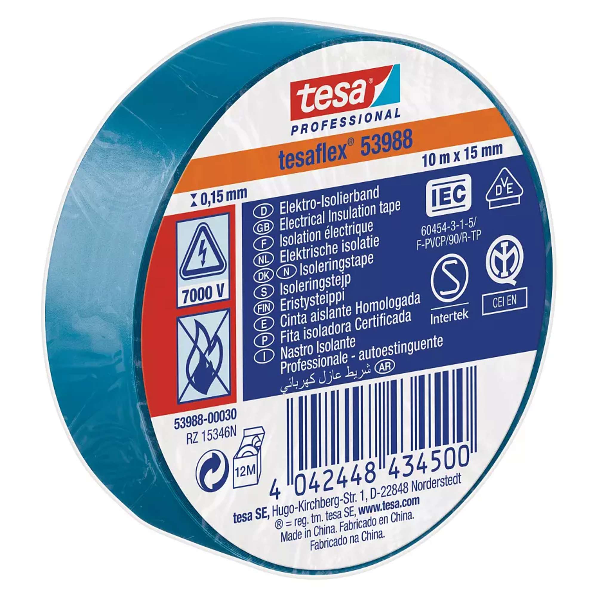 tesa 53988 Professional Isolierband 7000V, 10 m x 15 mm, blau