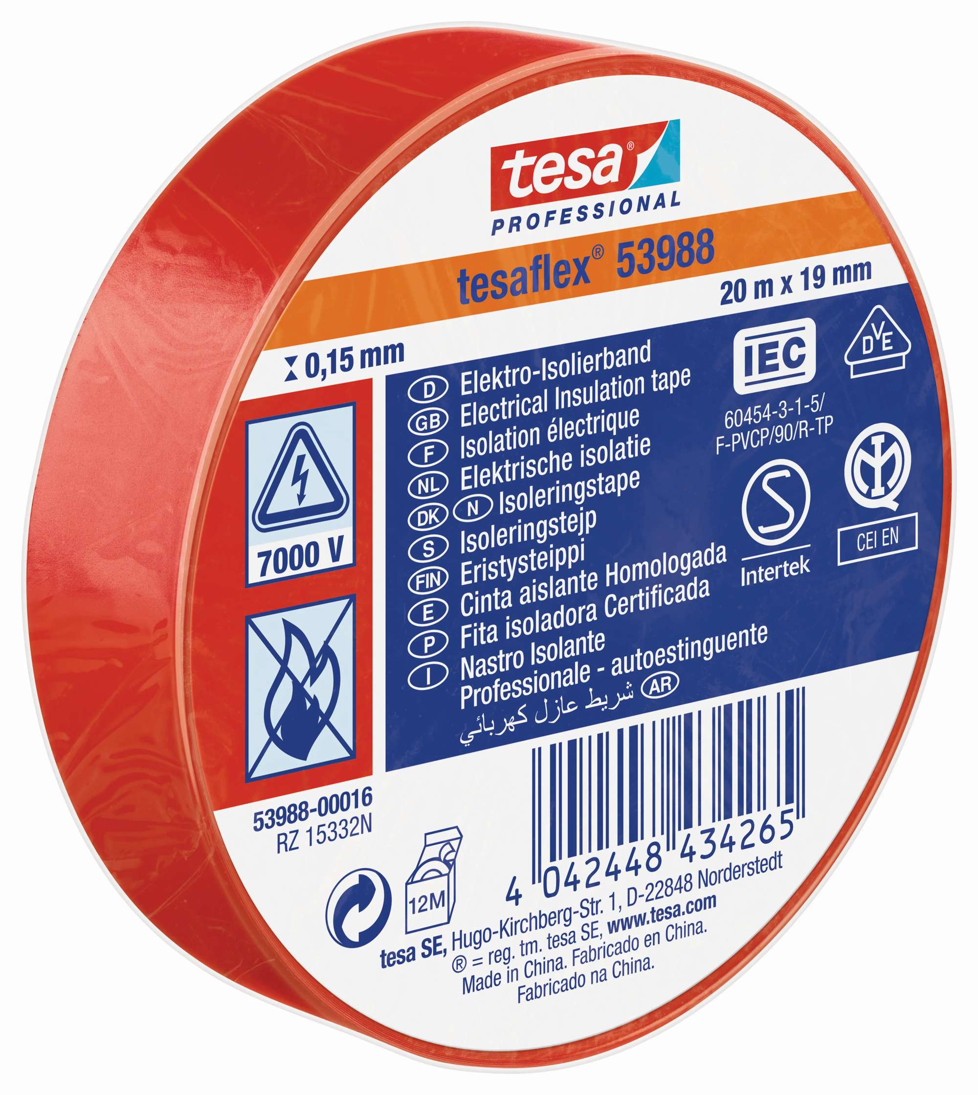tesa 53988 Professional Isolierband 7000V, 20 m x 19 mm, rot