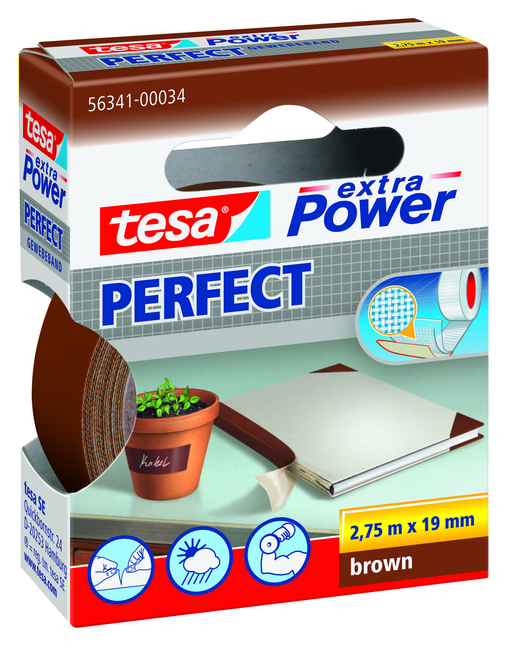 56341-007 tesa extra Power Perfect Gewebeband, 2,75 m x 19 mm, braun