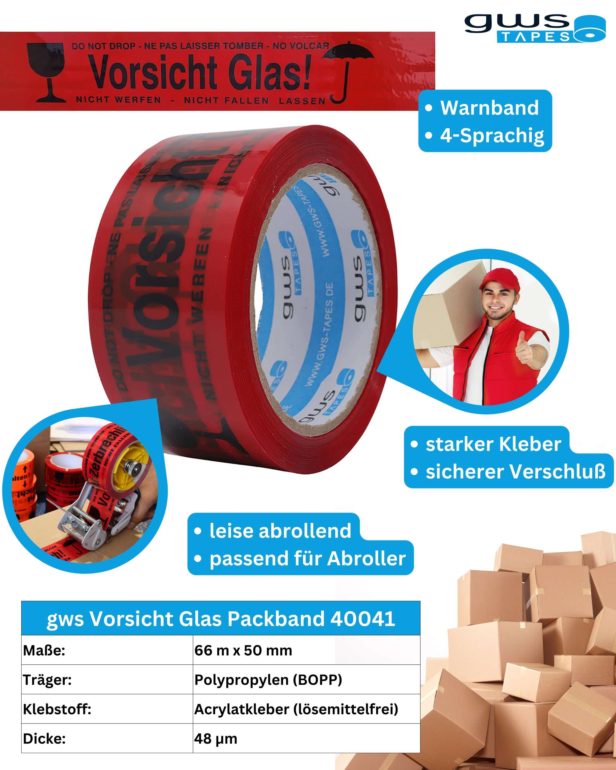 40041-002 gws 40041 Warnband PP Packband, 66 m x 50 mm, Vorsicht Glas