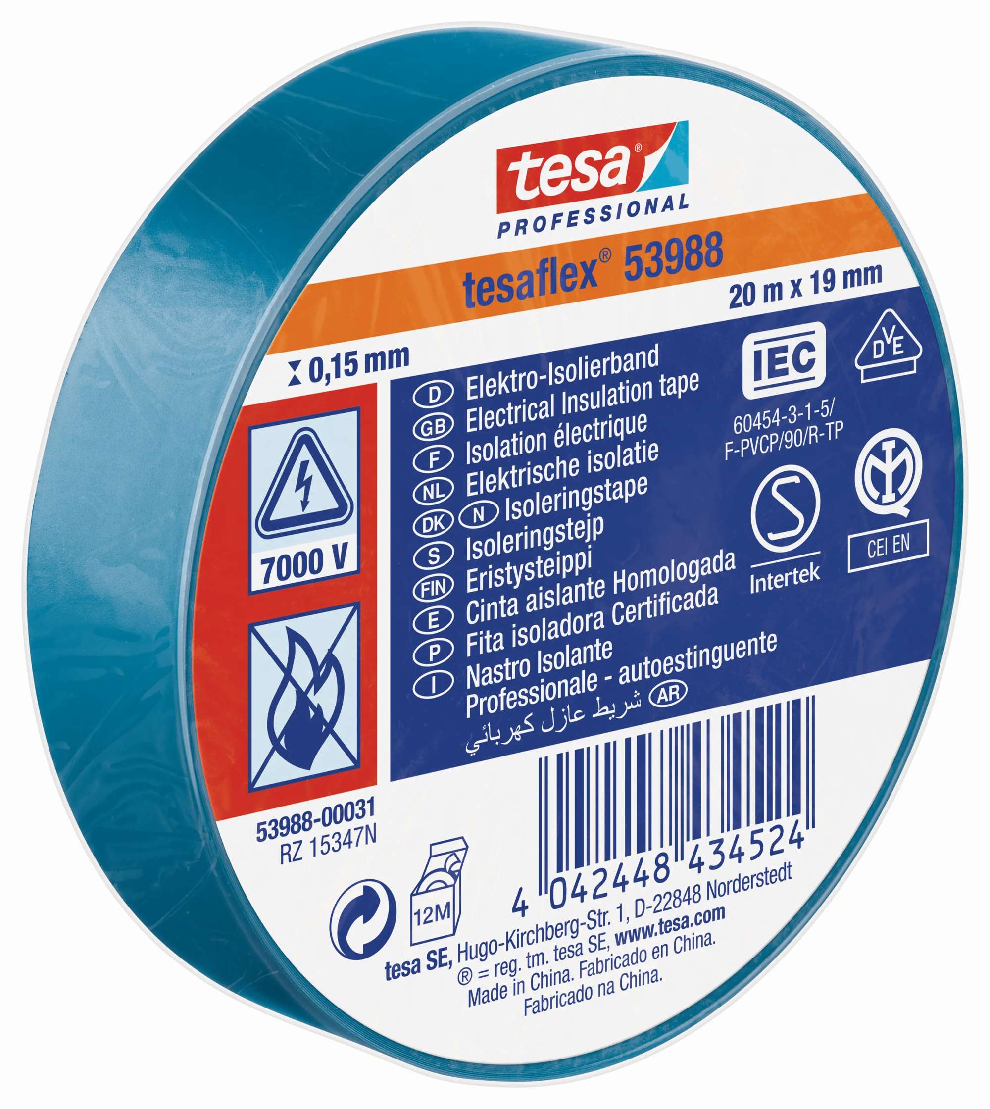 tesa 53988 Professional Isolierband 7000V, 20 m x 19 mm, blau