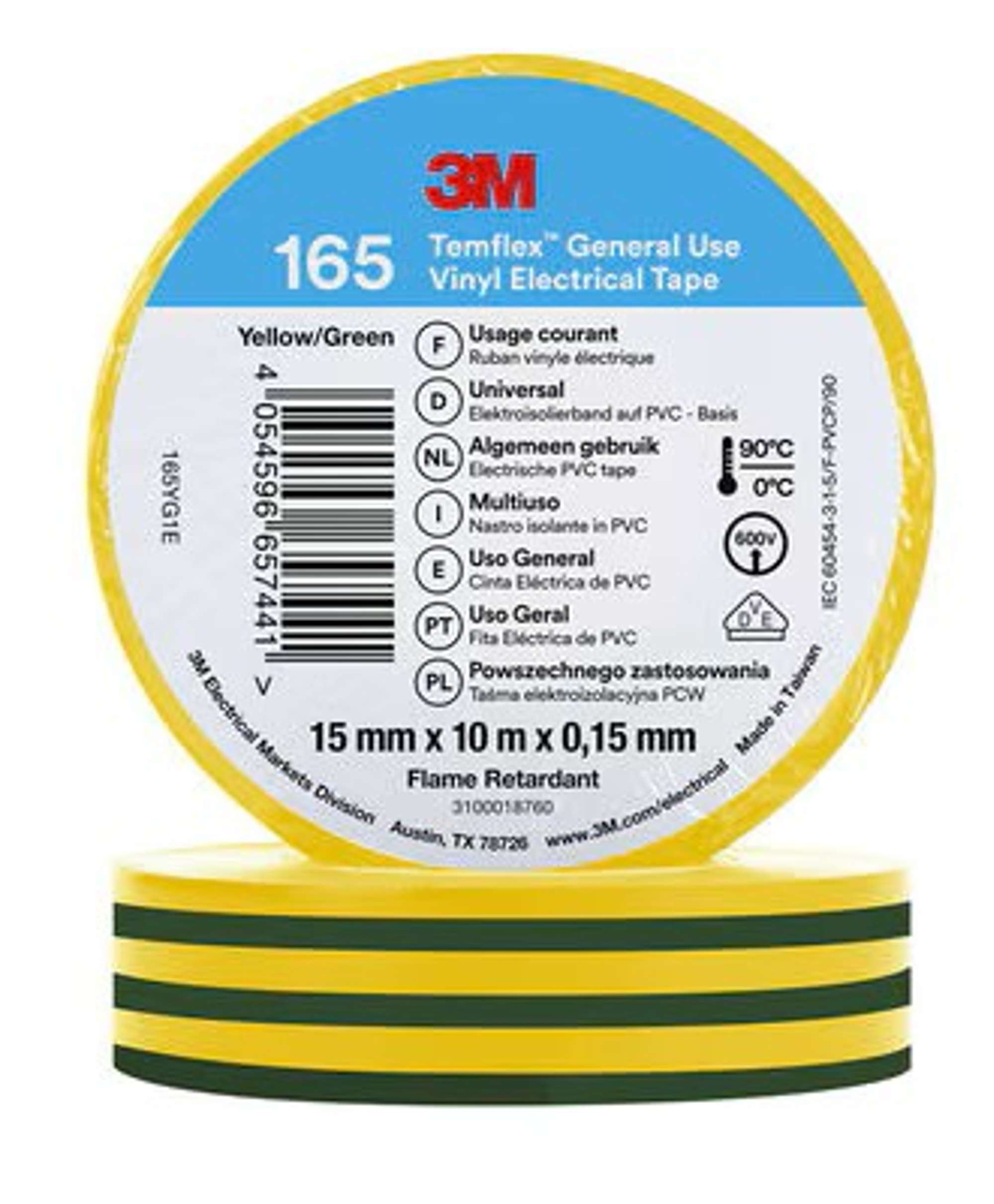 3M Temflex 165 Vinyl Elektro-Isolierband, 10 m x 15 mm, gelb/gruen
