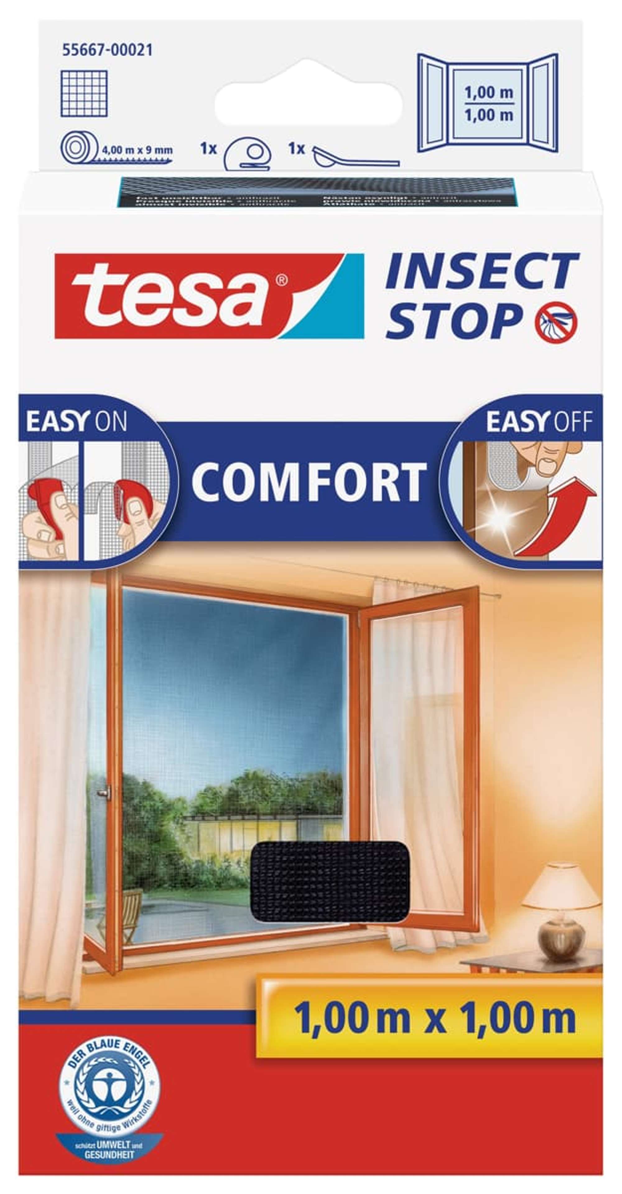 55667-001 tesa Insect Stop Fliegengitter COMFORT fuer Fenster, 1,00 m x 1,00 m, Anthrazit