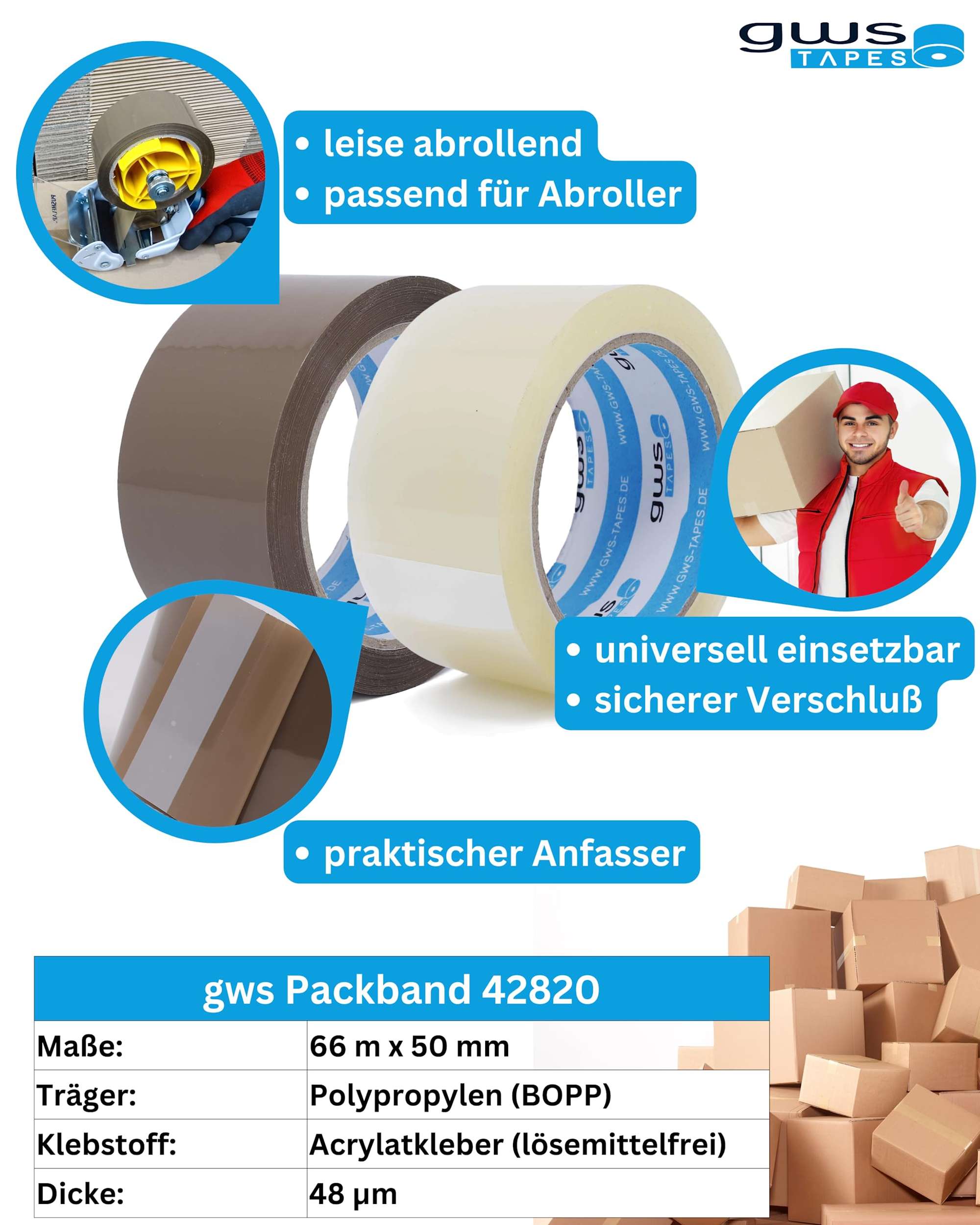 42820S6-001 gws Verpackungsklebeband-Set, 66 m x 50 mm, Mini-Abroller + 6 Rollen braun