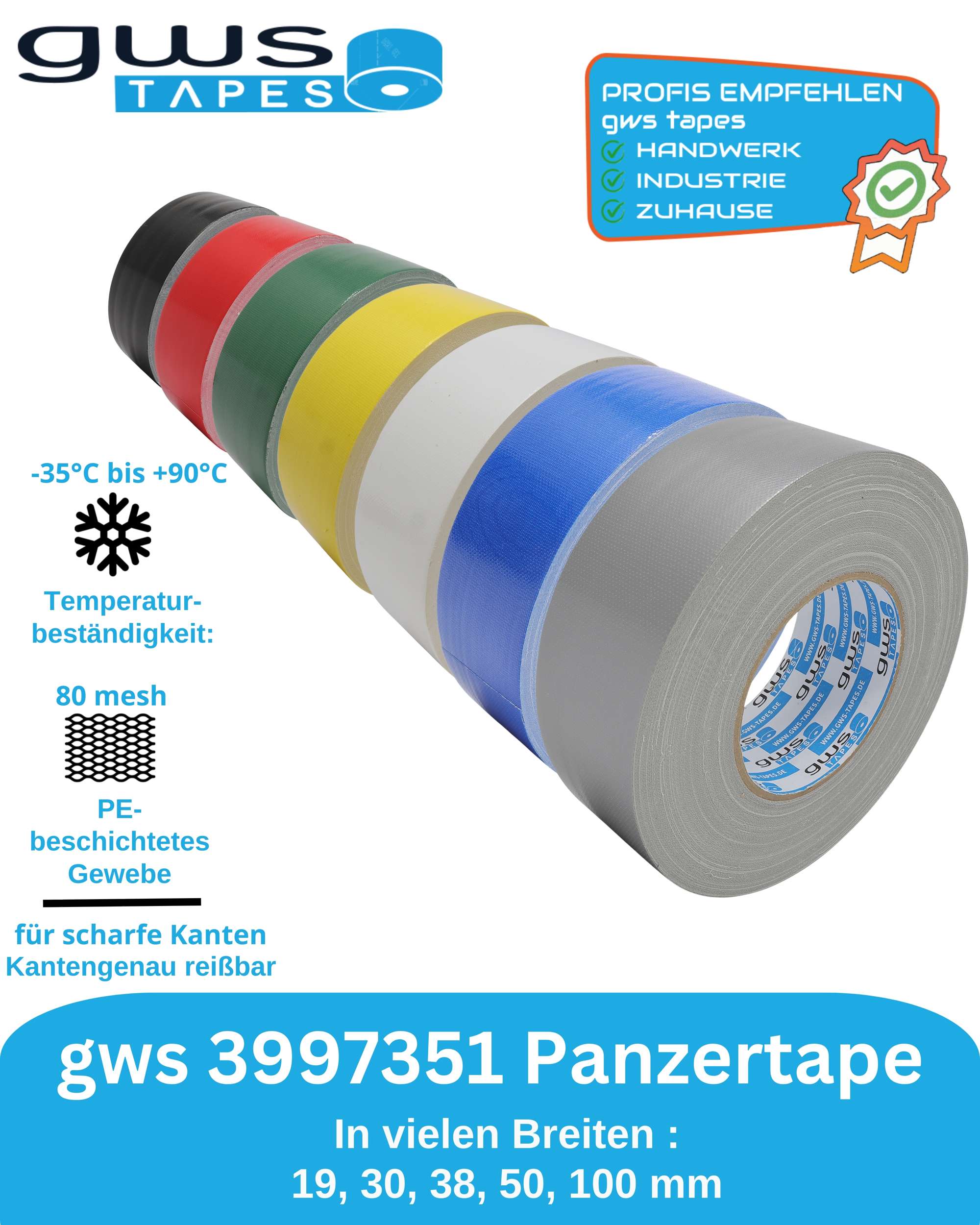 3997351-153 gws Panzertape 3997351 UV-  beständig mit 80 Mesh- Gewebe, 50 m x 38 mm, rot