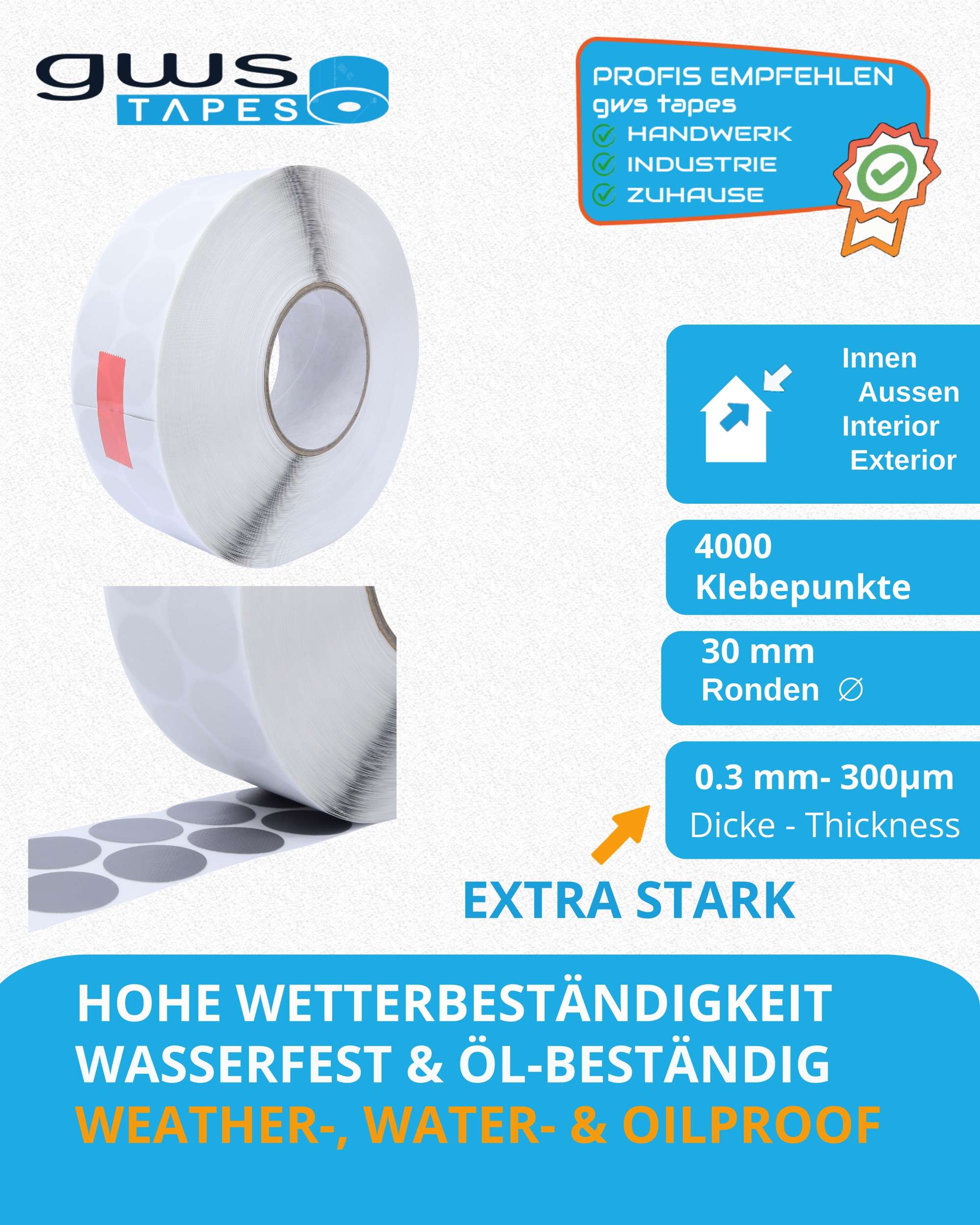 3997351-800 Premium Gewebeklebepunkte 30mm - Robuste und Haftstarke Ronden, Klebepunkte grau 30mm 4000 St.