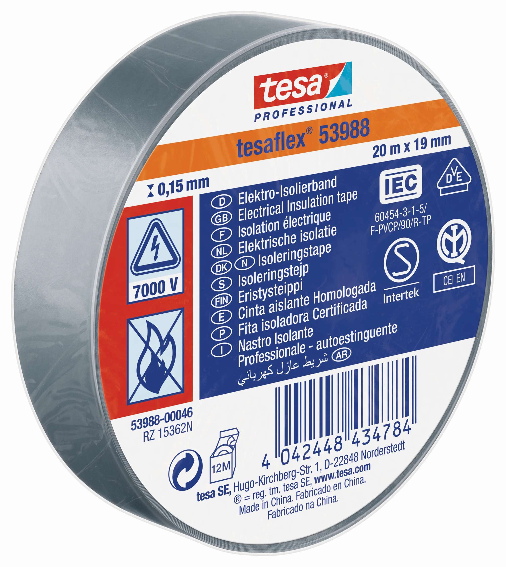 tesa 53988 Professional Isolierband 7000V, 20 m x 19 mm, grau