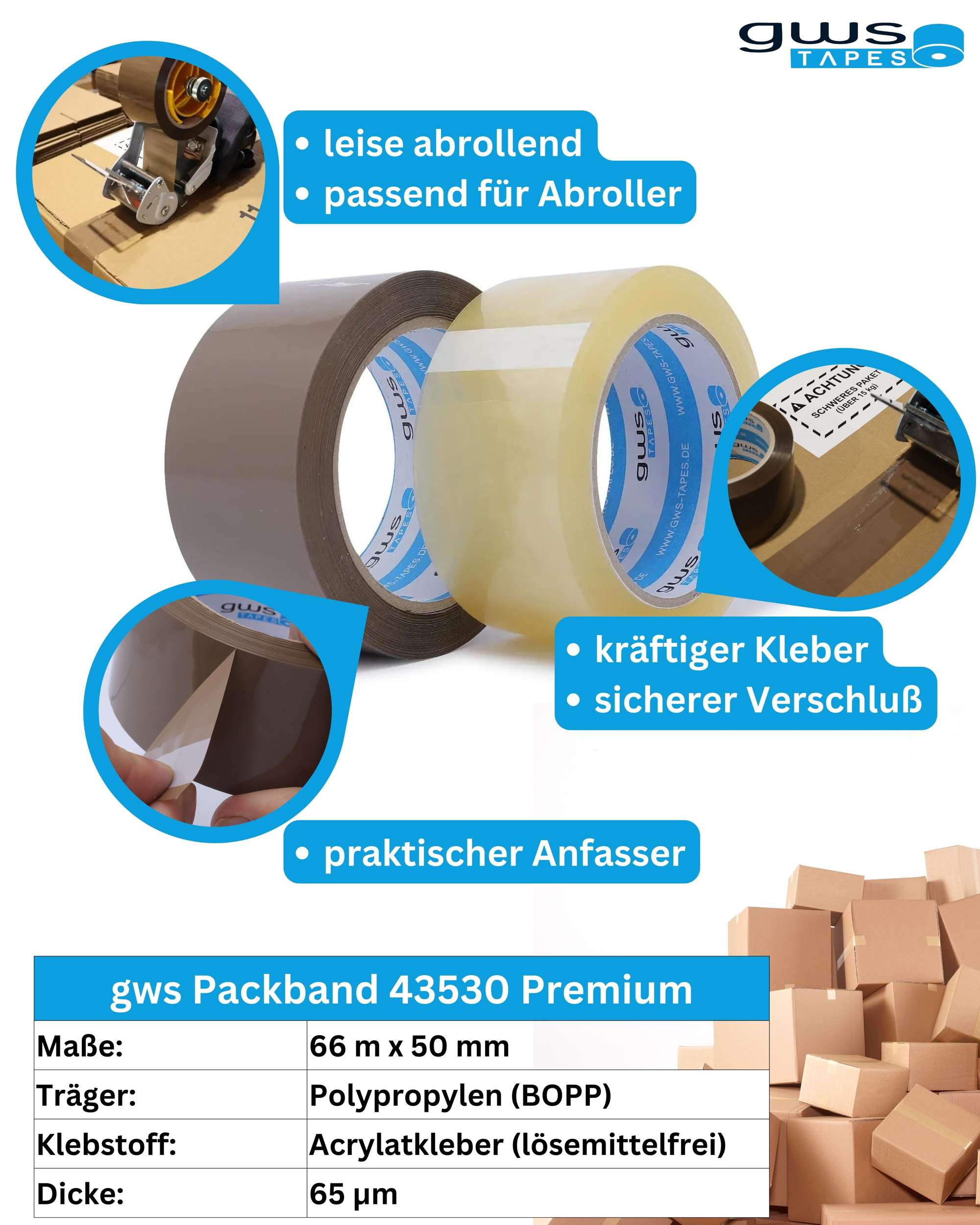 43530-000 gws 43530 Premium PP Packband, 66 m x 50 mm, transparent