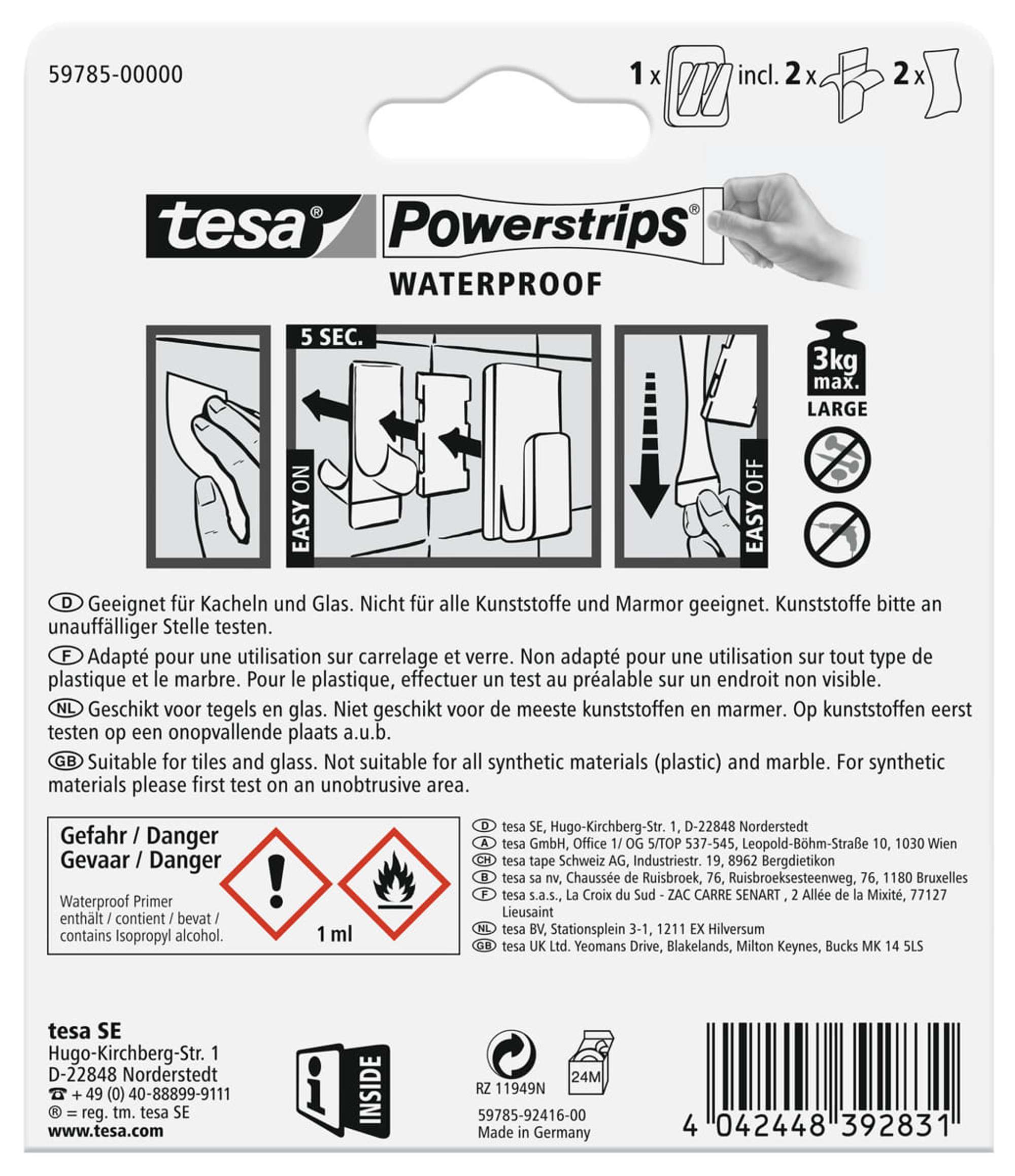 59785-000 tesa Powerstrips Doppelhaken Waterproof Metall-Kunststoff 59785, 1 Doppelhaken + 2 Strips Large, metallic-weiss