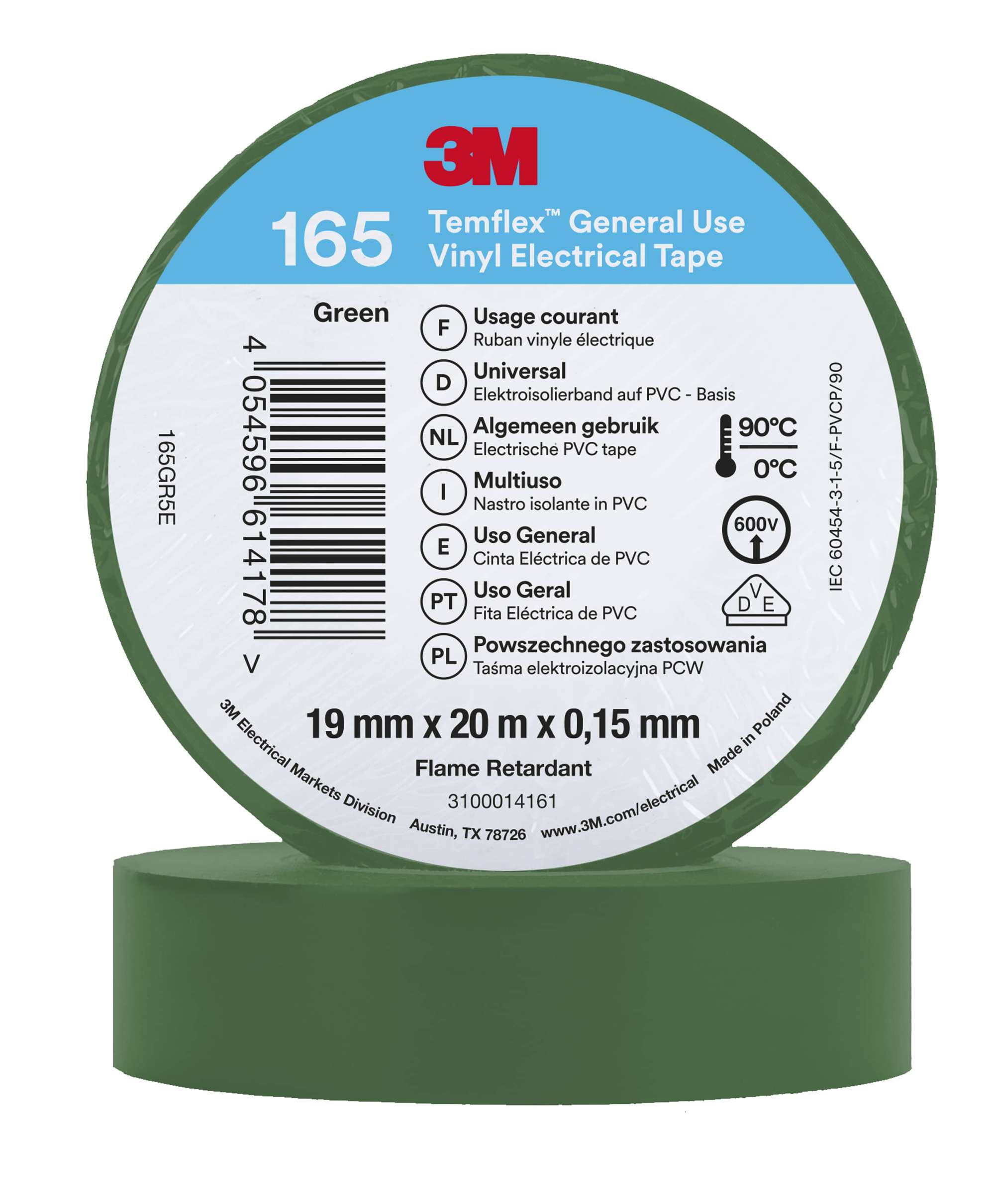 3M Temflex 165 Vinyl Elektro-Isolierband, 20 m x 19 mm, gruen
