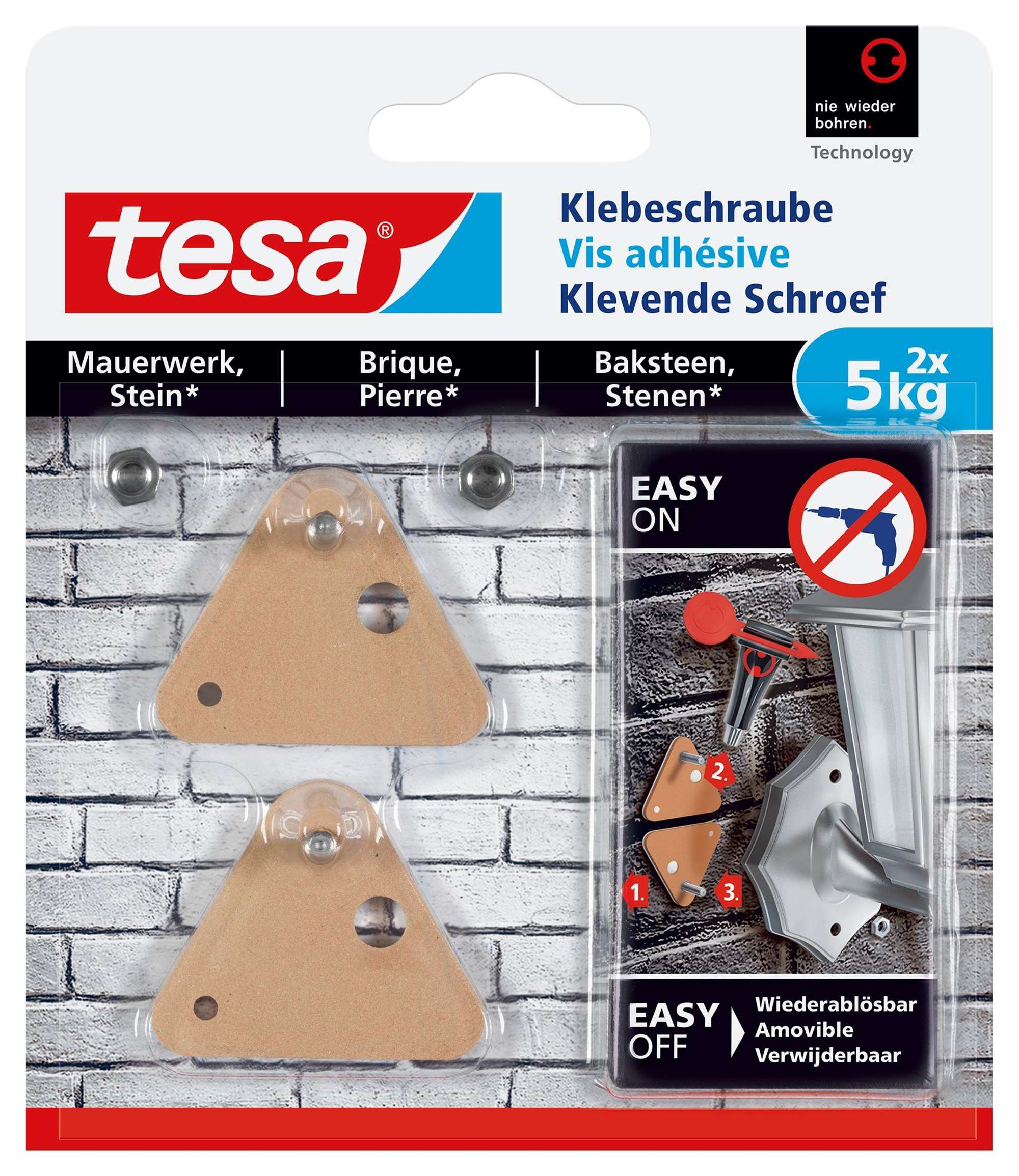 tesa Klebeschraube für Mauerwerk und Stein 77904 dreieckig, 2 x 5 kg