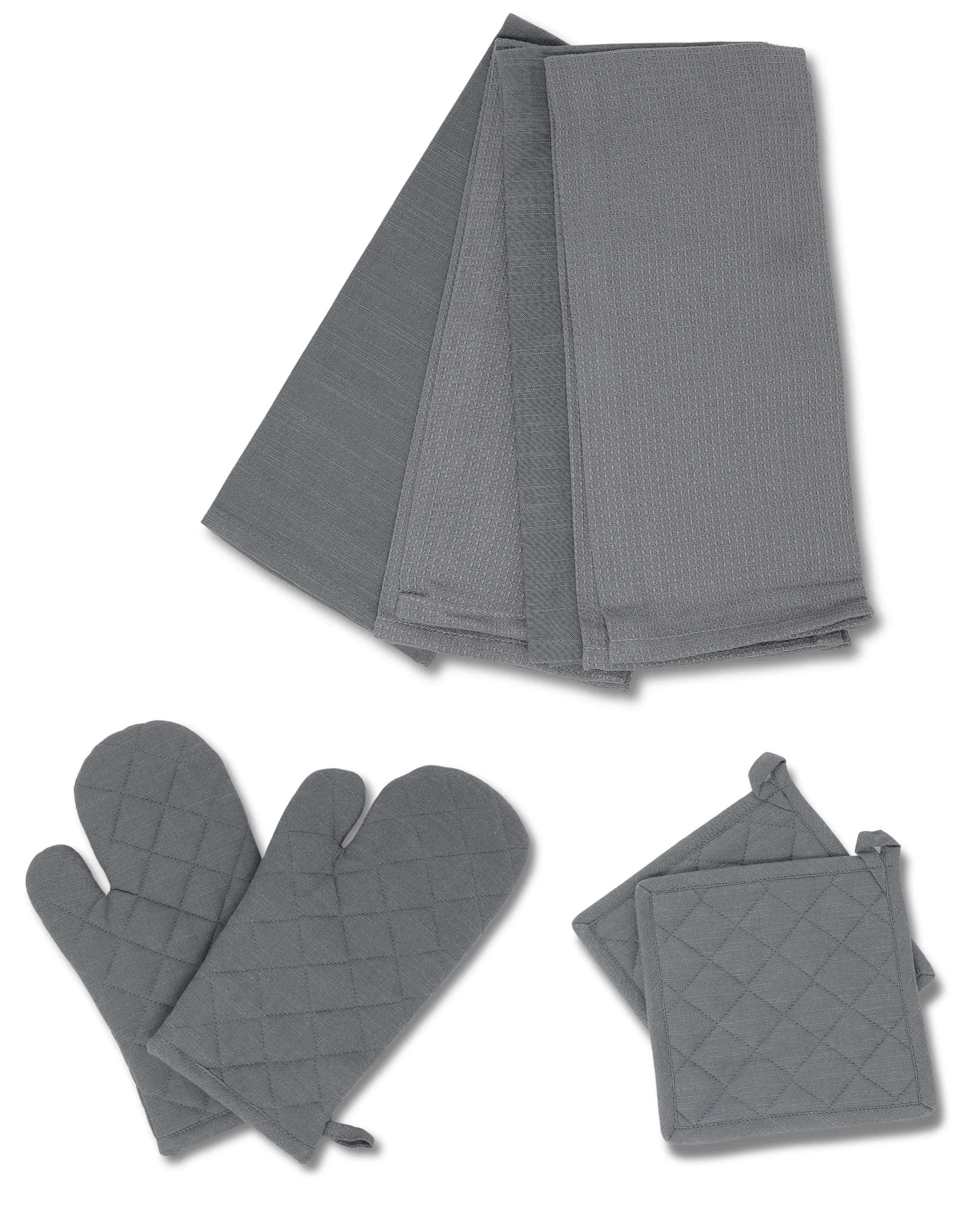 gws 7-teiliges Kuechen-Set, Anthrazit – 1 Paar Ofenhandschuhe, 1 Paar Topflappen und 4 Geschirrtuecher, 100% Baumwolle, hitzebestaendig und waschbar
