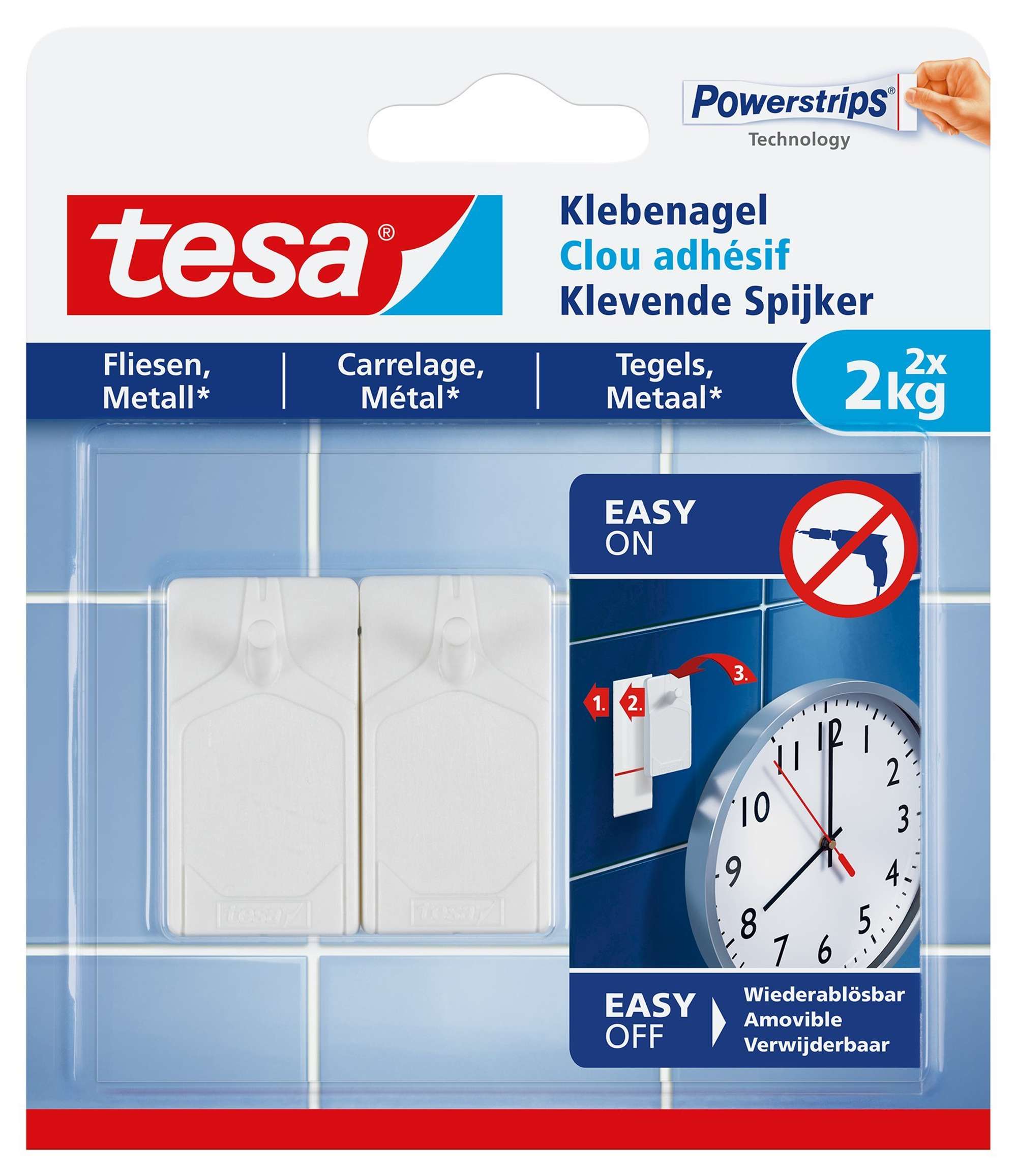 tesa Klebenagel für Fliesen und Metall 77762, 2 Klebenägel + 3 Powerstrips, weiß