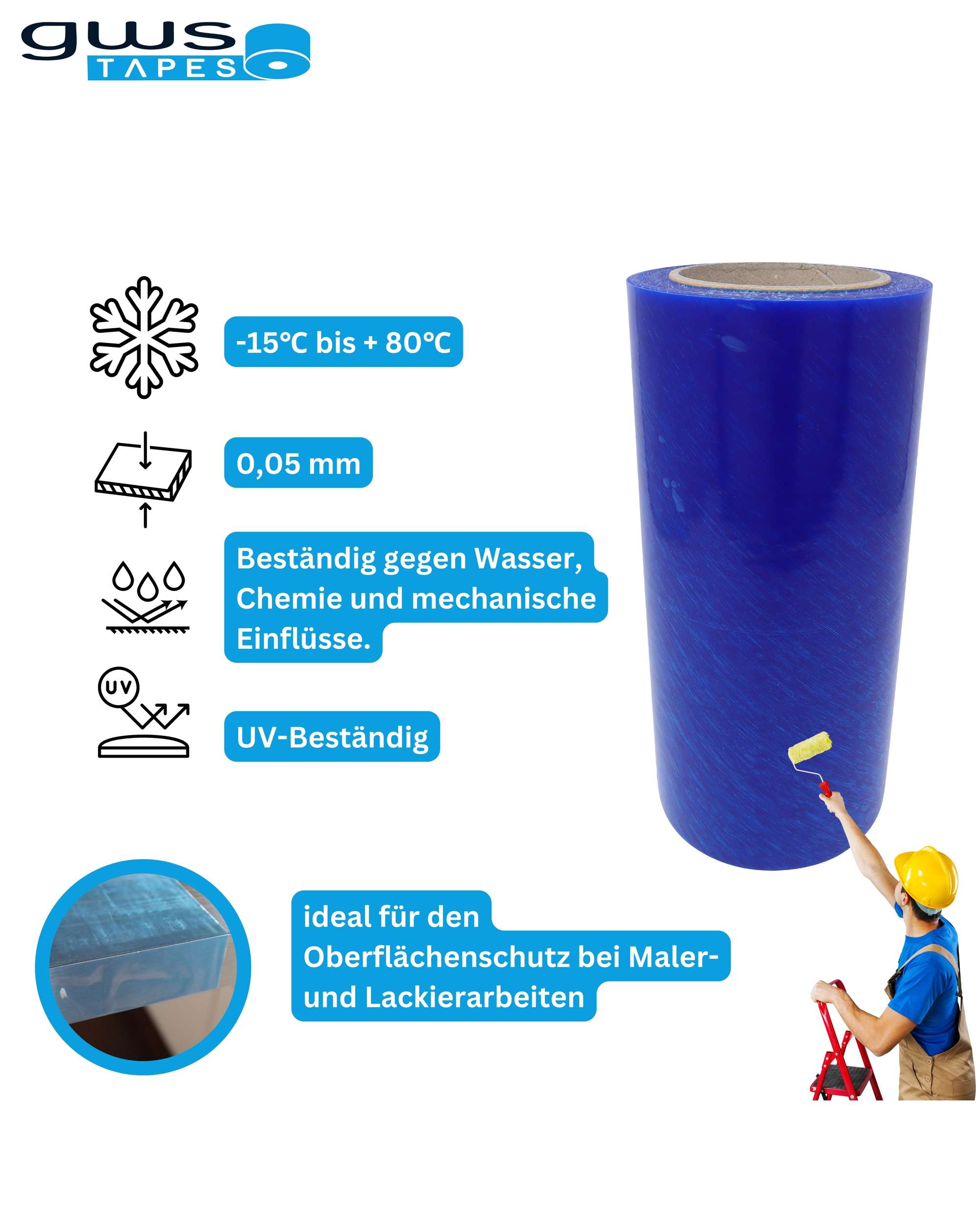 31009-002 PE Schutzfolie Oberflächenschutzfolie rutschfest, 100 m x 500 mm, blau