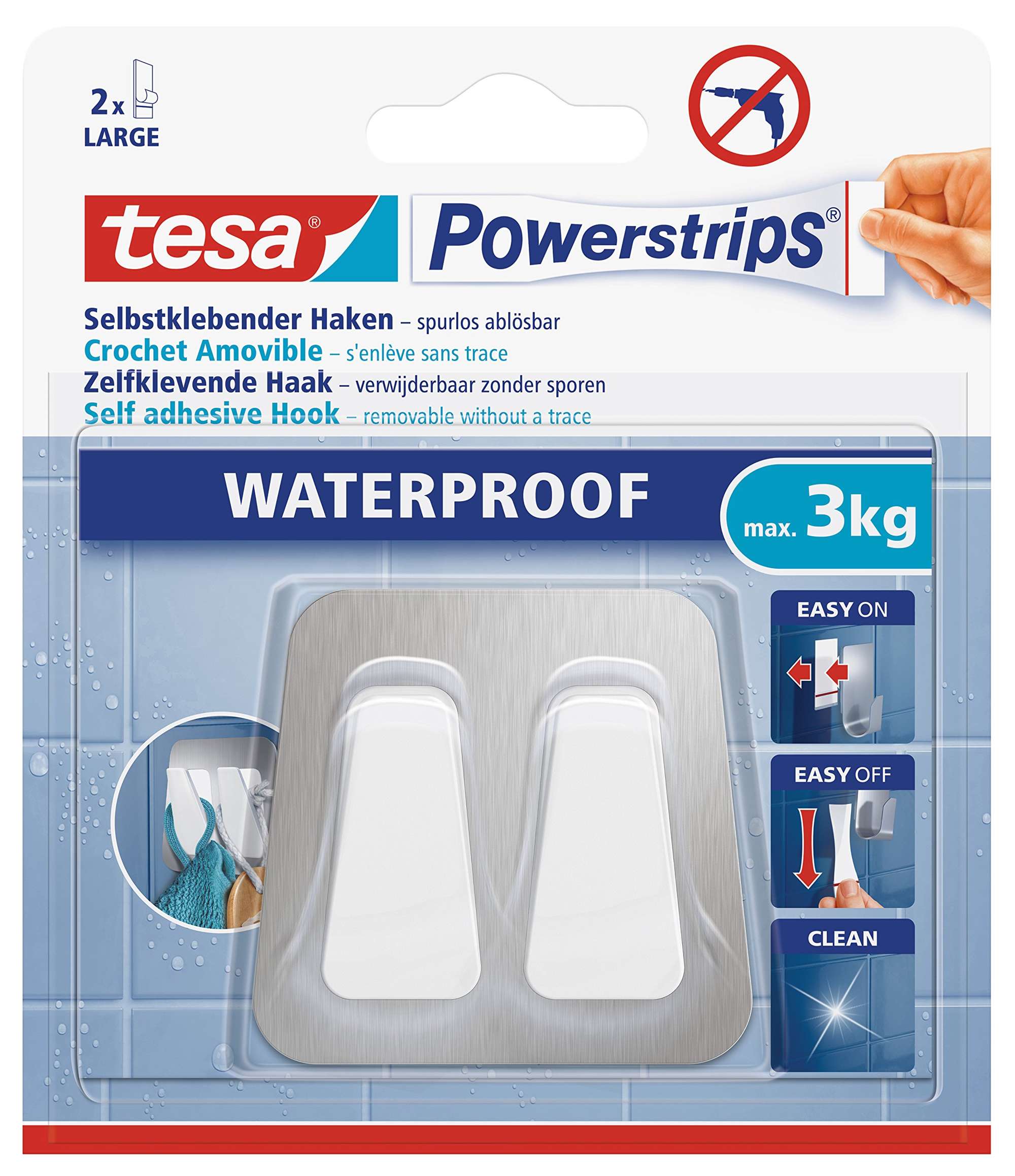 59785-000 tesa Powerstrips Doppelhaken Waterproof Metall-Kunststoff 59785, 1 Doppelhaken + 2 Strips Large, metallic-weiss