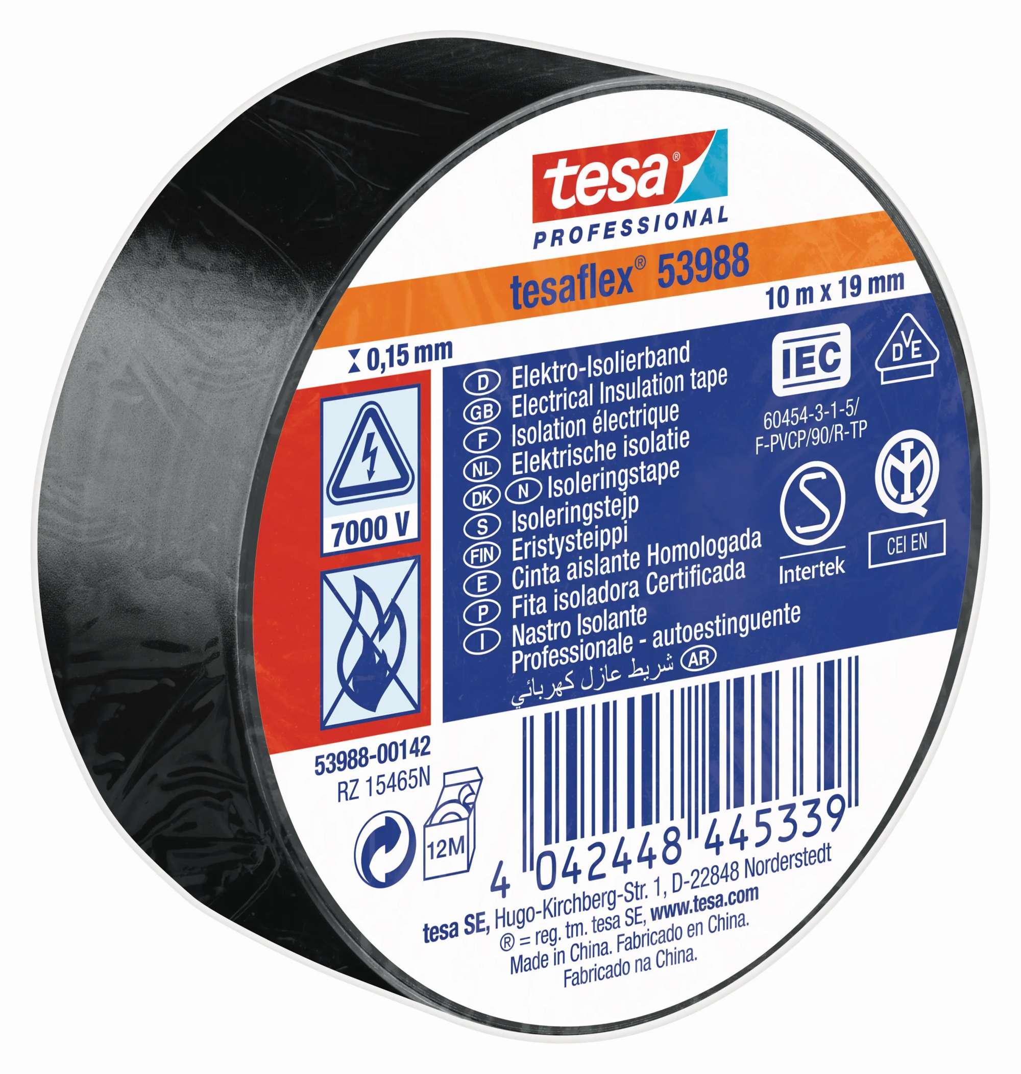 tesa 53988 Professional Isolierband 7000V, 10 m x 19 mm, schwarz