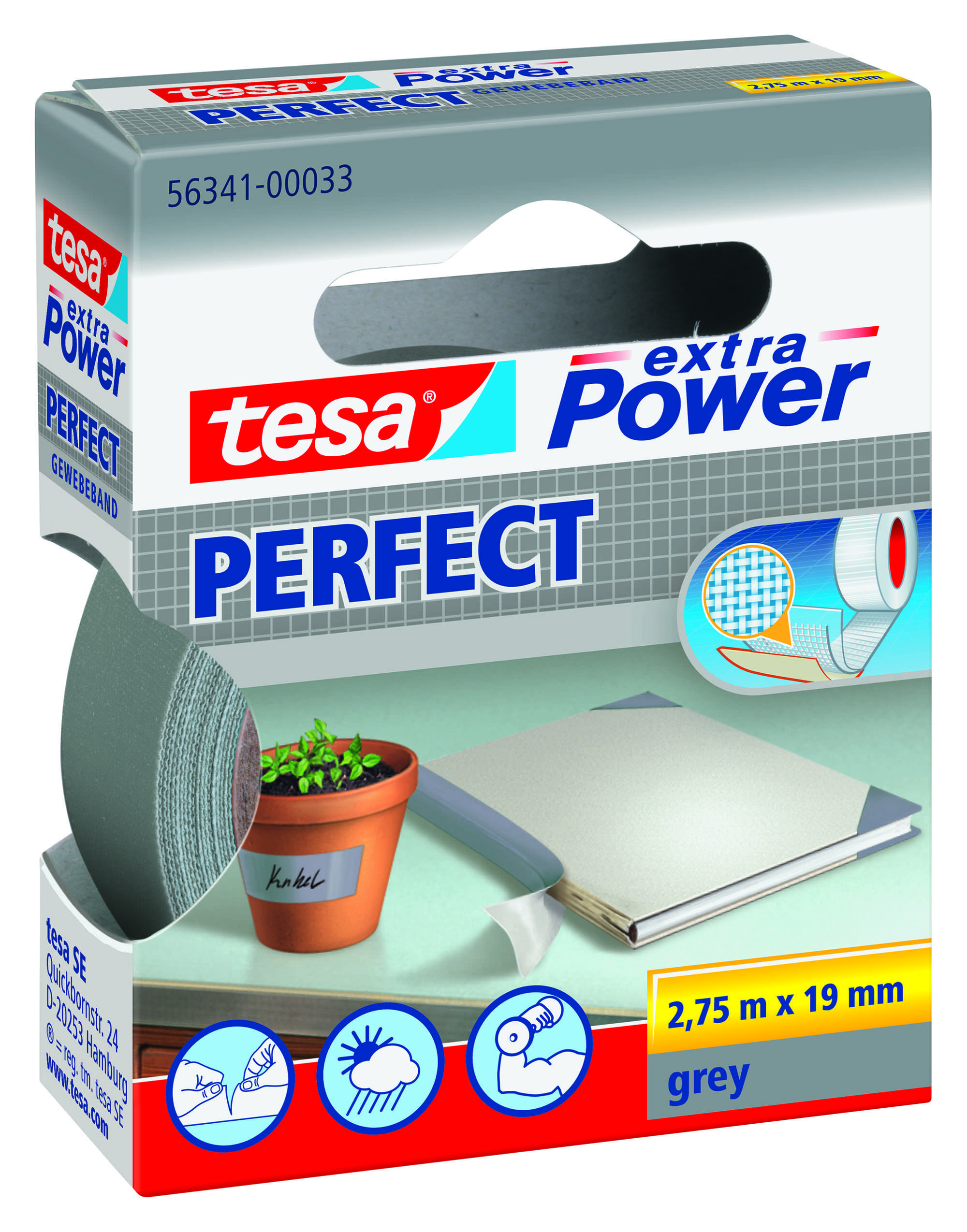 56341-003 tesa extra Power Perfect Gewebeband, 2,75 m x 19 mm, grau